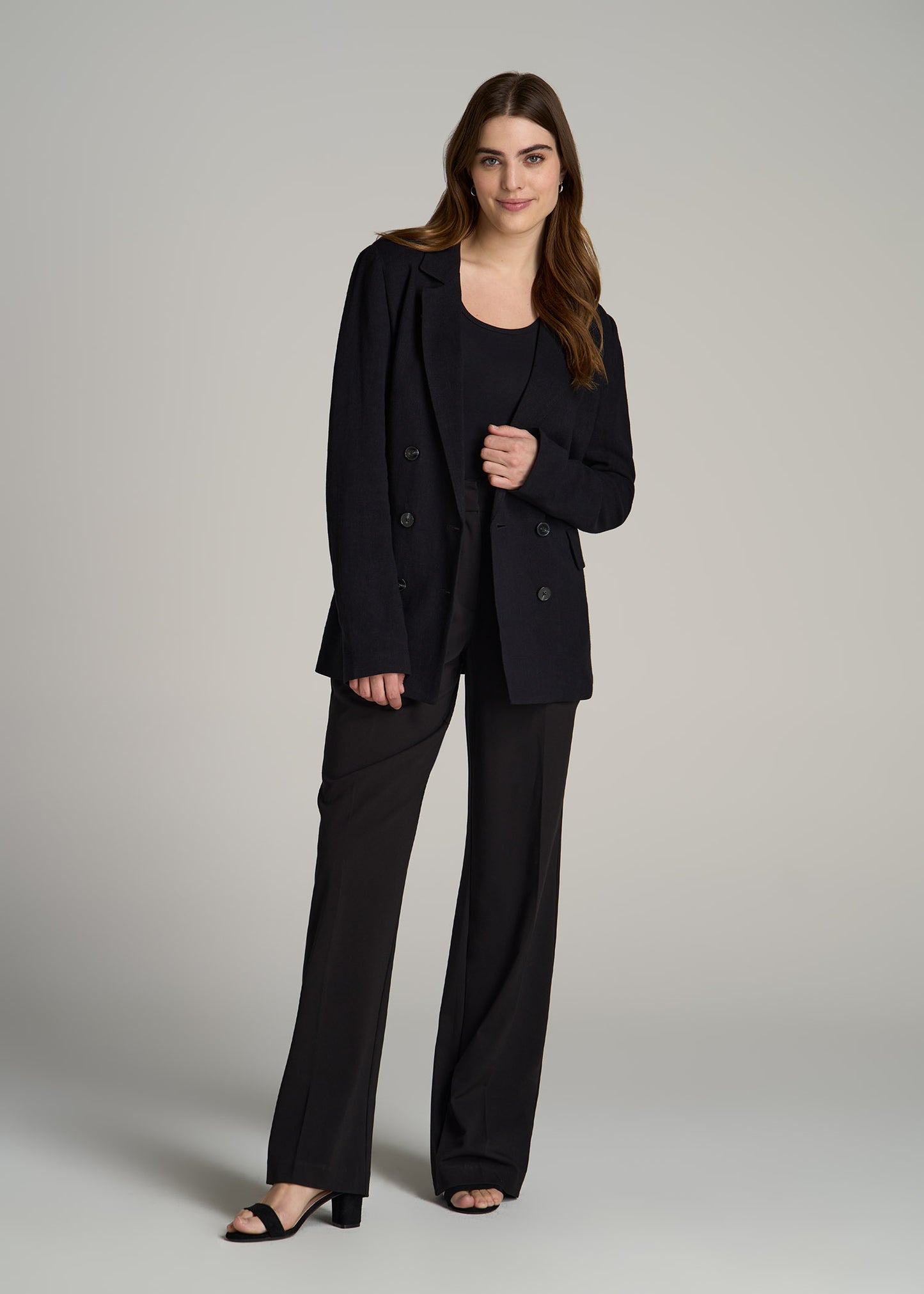 Linen Blend Tie Back Blazer For Tall Women in Black