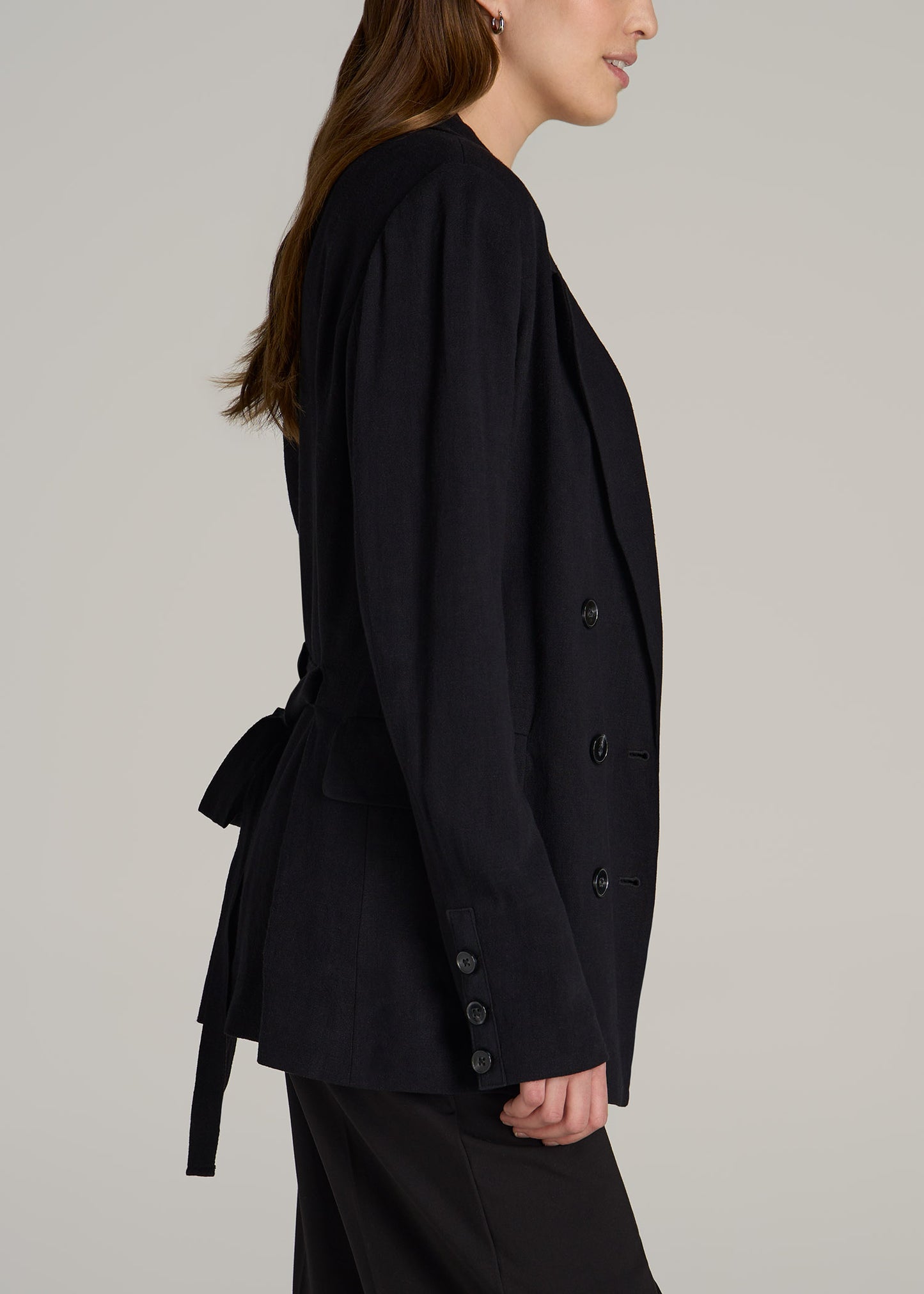 Linen Blend Tie Back Blazer For Tall Women in Black