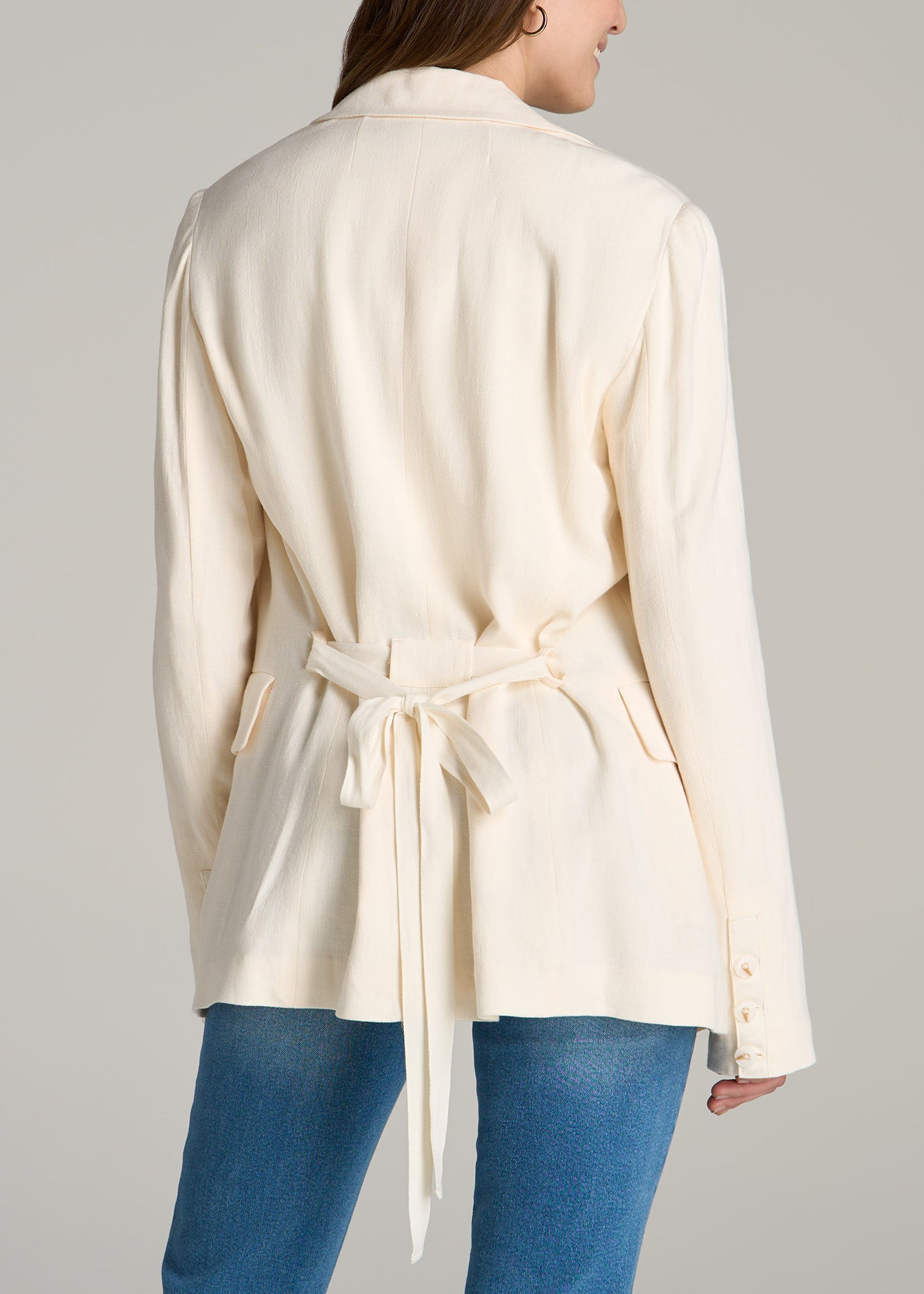 Linen Blend Tie Back Blazer For Tall Women in White Alyssum