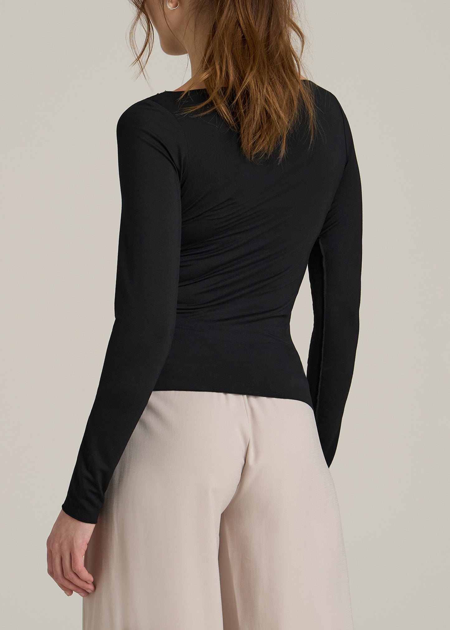 Boatneck Long Sleeve Exposed Seam Top for Tall Women in Black