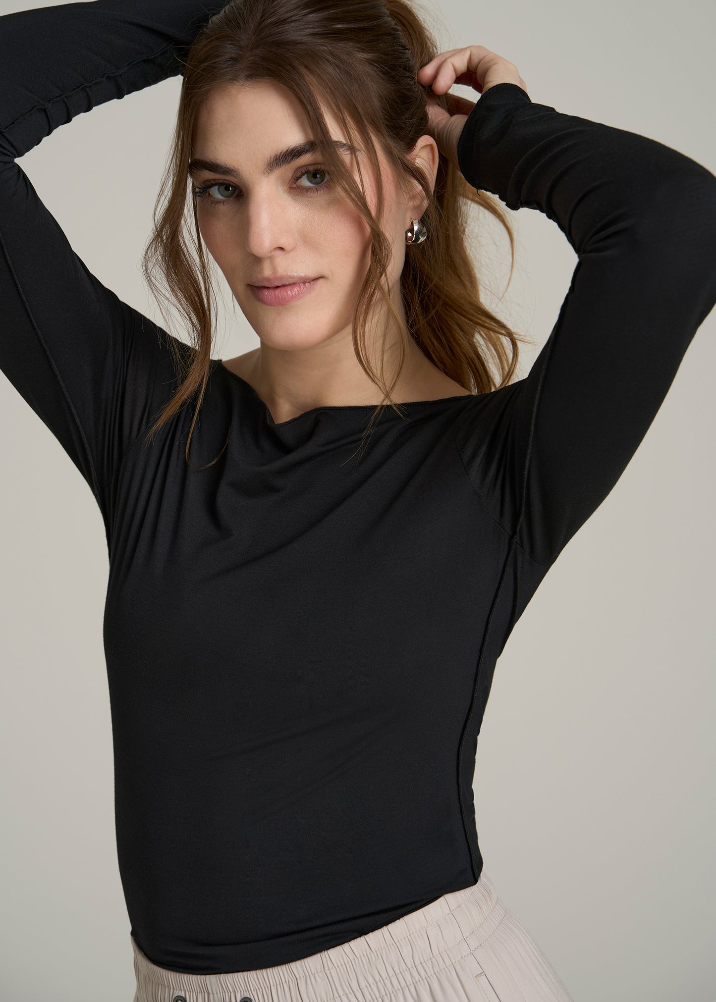 Boatneck Long Sleeve Exposed Seam Top for Tall Women in Black