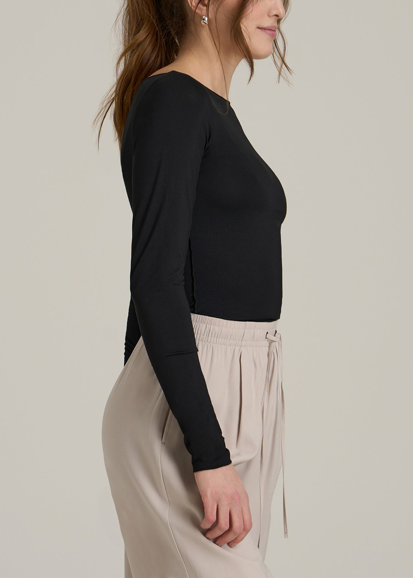 Boatneck Long Sleeve Exposed Seam Top for Tall Women in Black