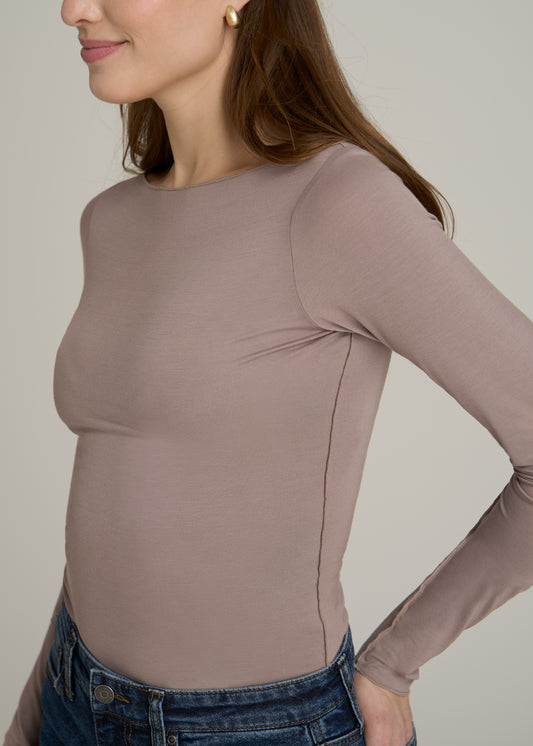 Boatneck Long Sleeve Exposed Seam Top for Tall Women in Dark Sand