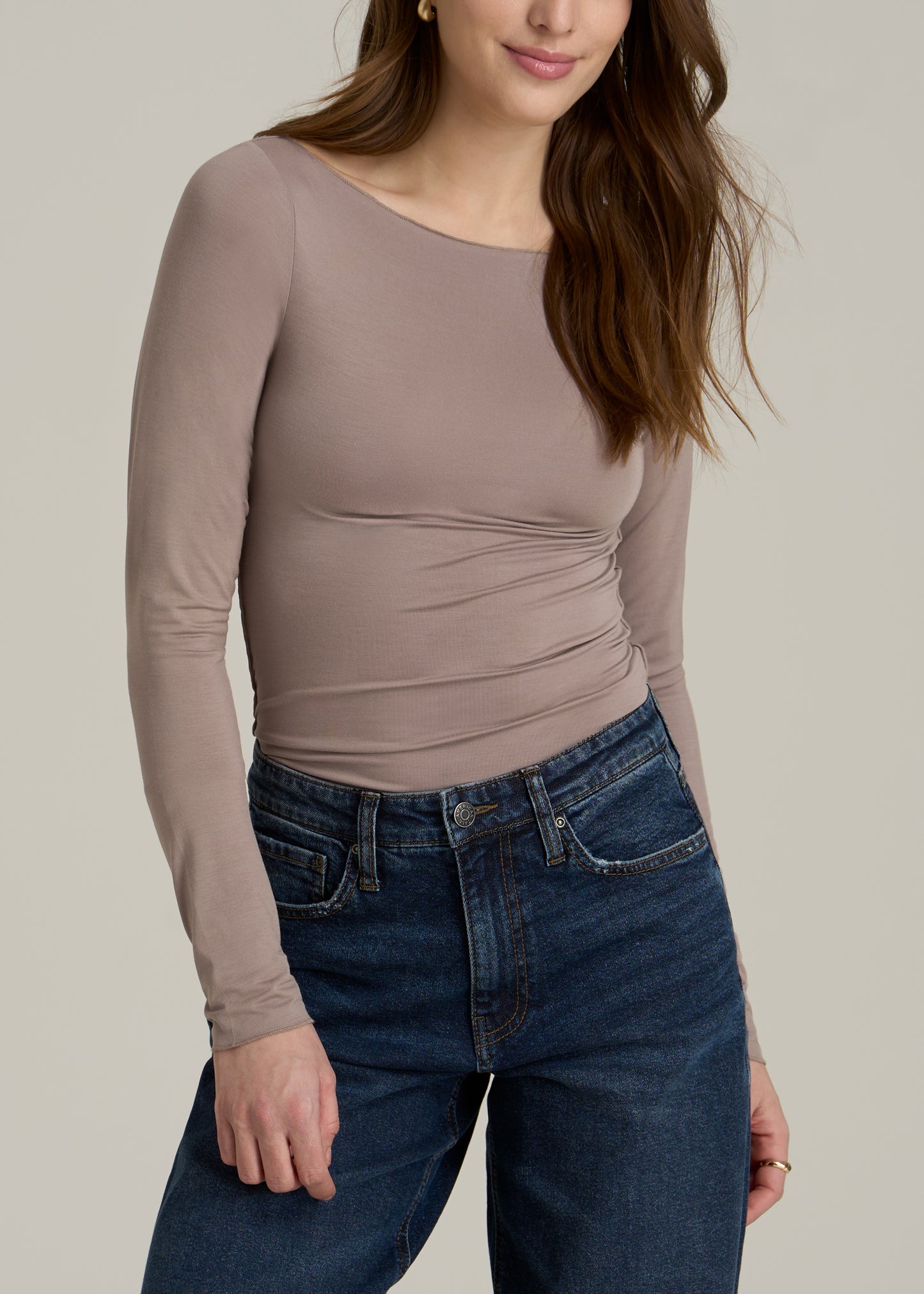 Boatneck Long Sleeve Exposed Seam Top for Tall Women in Dark Sand