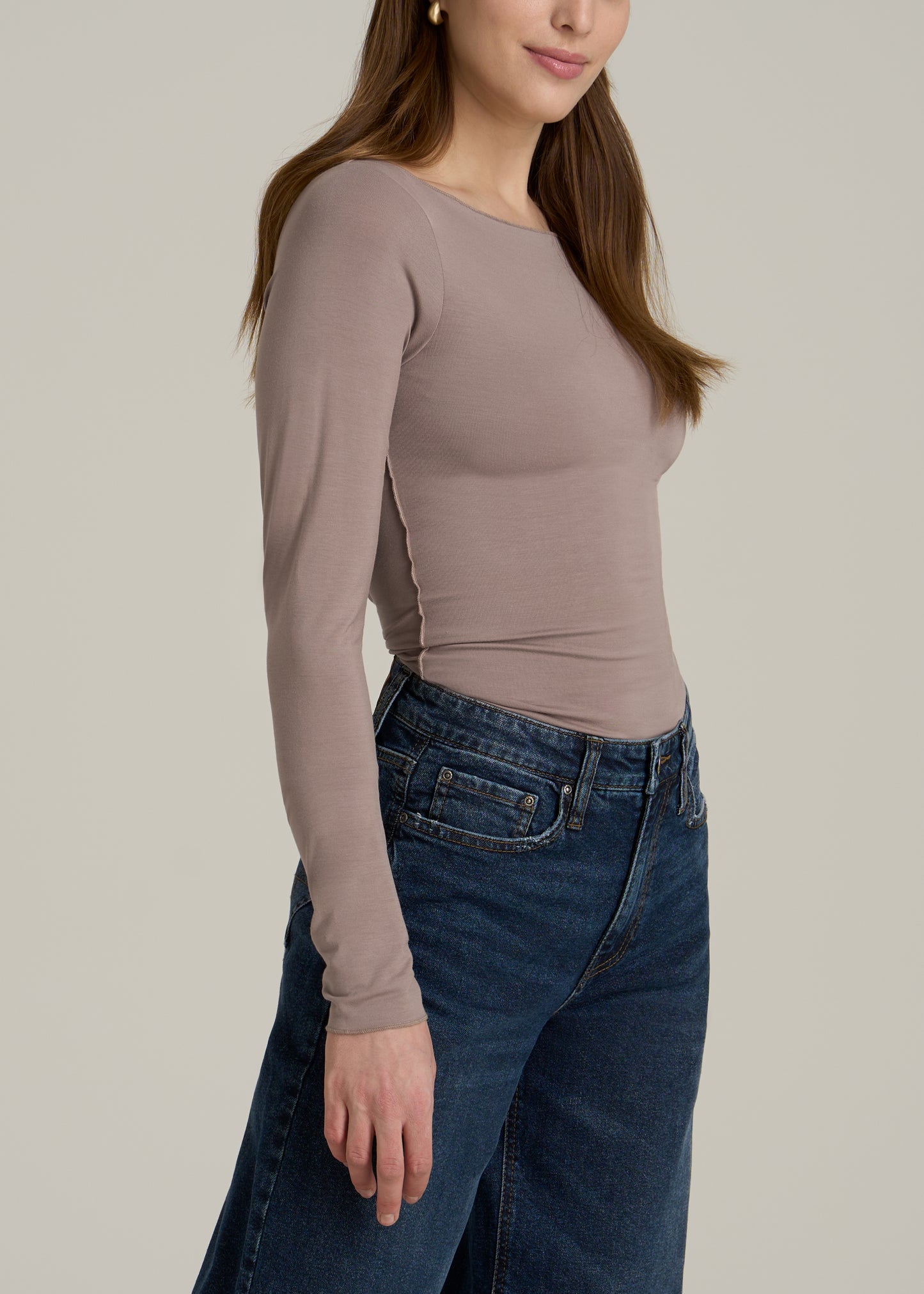 Boatneck Long Sleeve Exposed Seam Top for Tall Women in Dark Sand