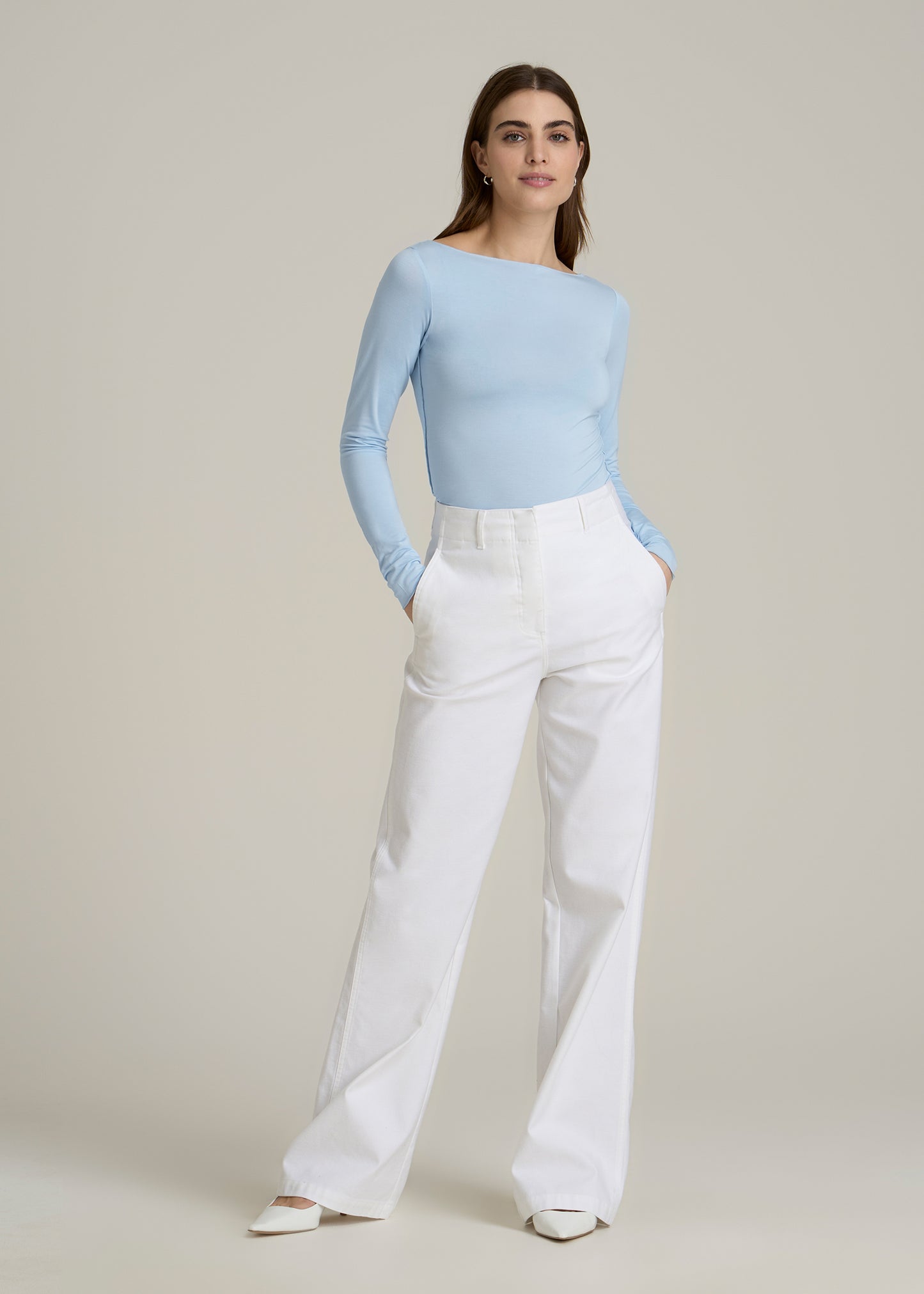 Boatneck Long Sleeve Exposed Seam Top for Tall Women in Ice Blue