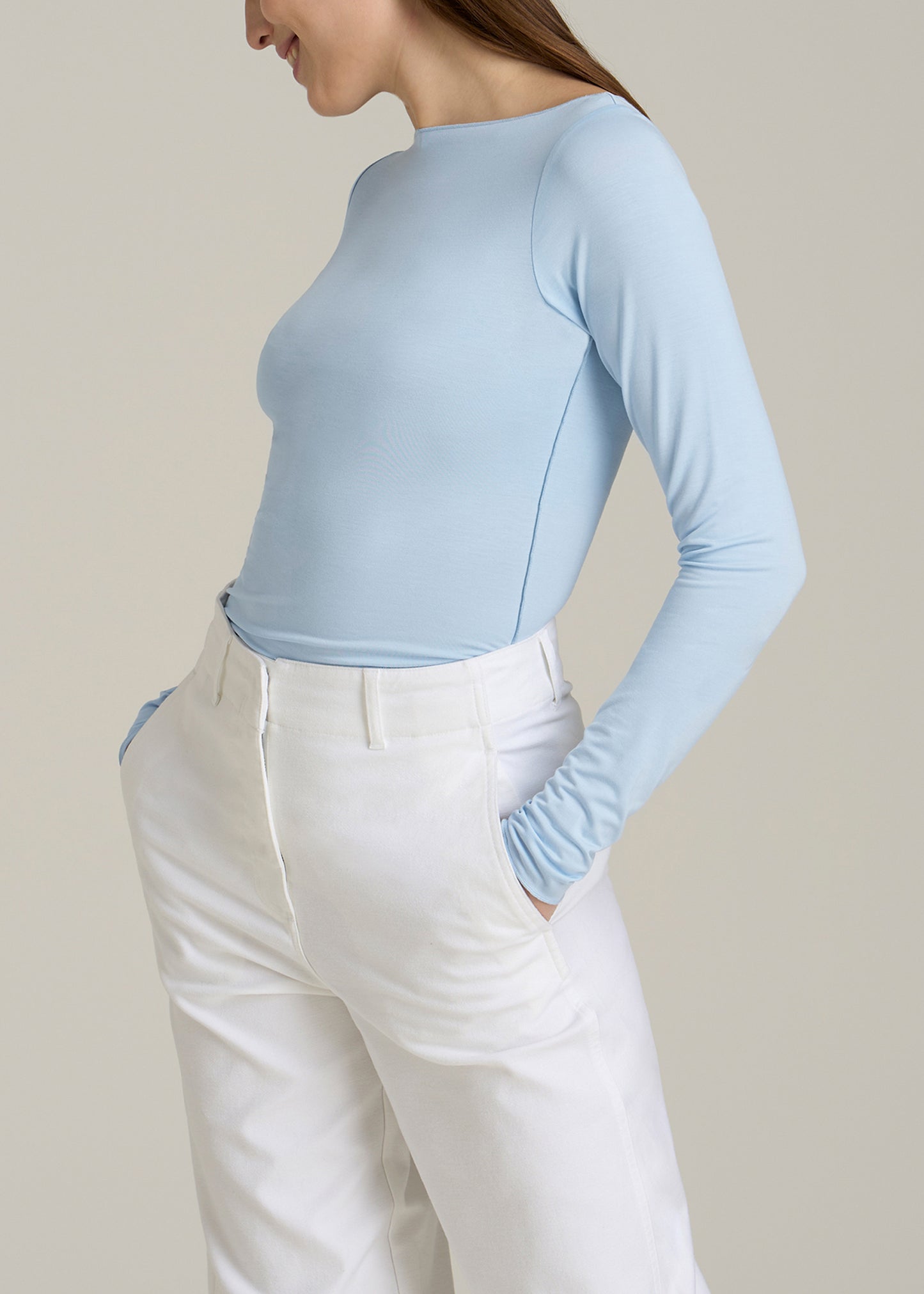 Boatneck Long Sleeve Exposed Seam Top for Tall Women in Ice Blue