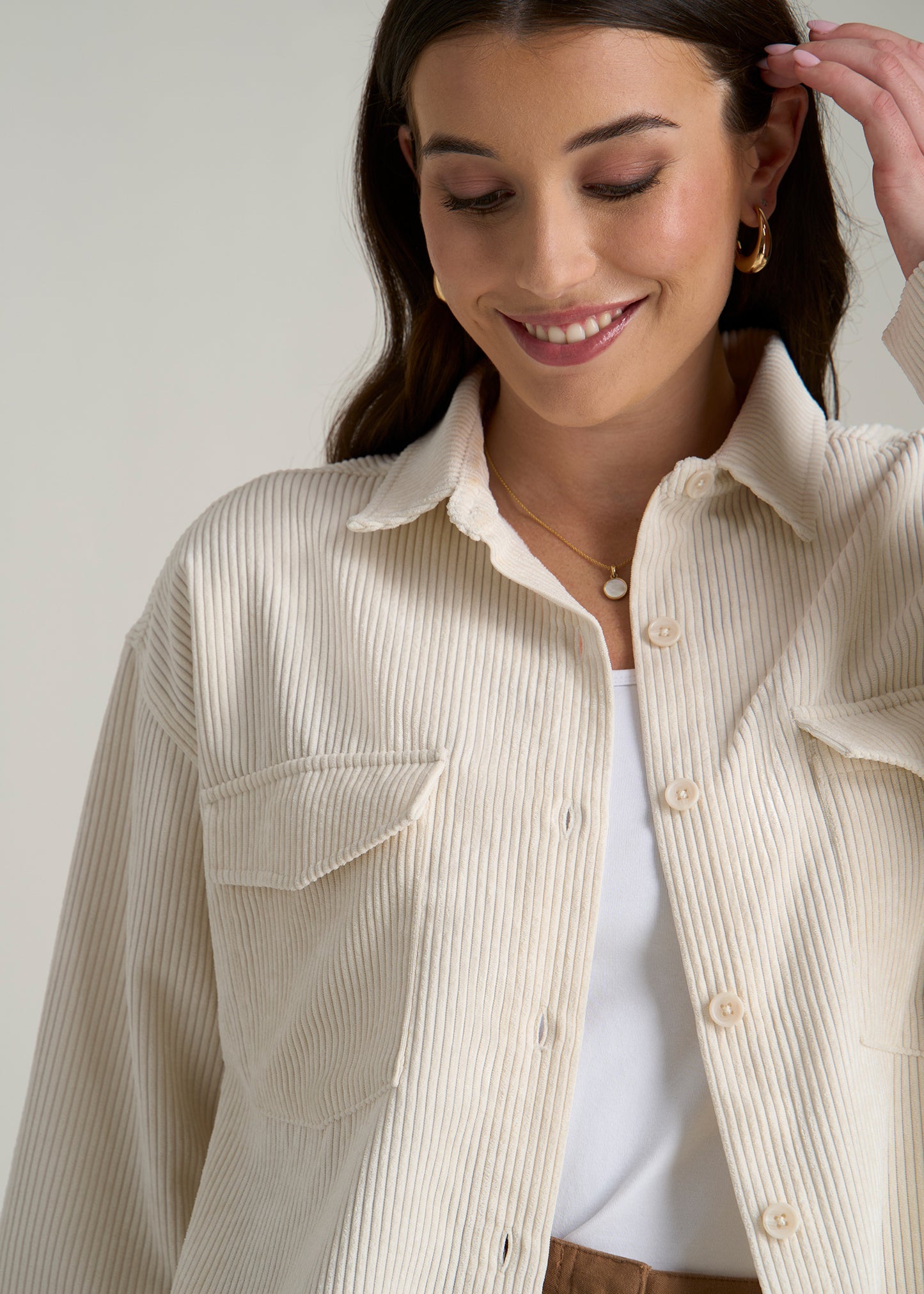 Corduroy Button Shirt for Tall Women in White Alyssum