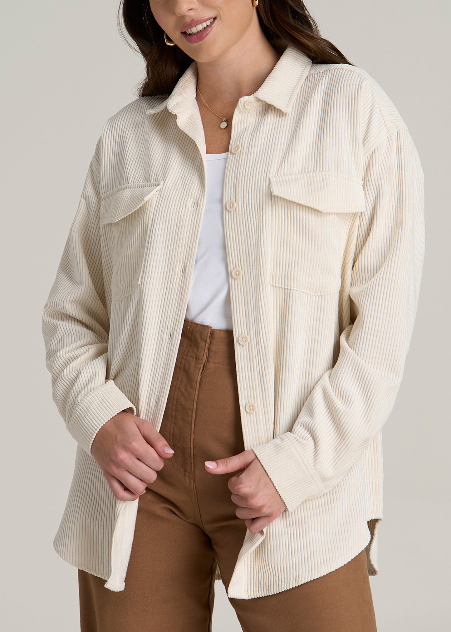 Corduroy Button Shirt for Tall Women in White Alyssum