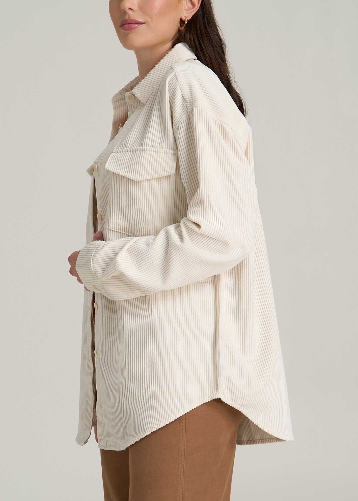 Corduroy Button Shirt for Tall Women in White Alyssum