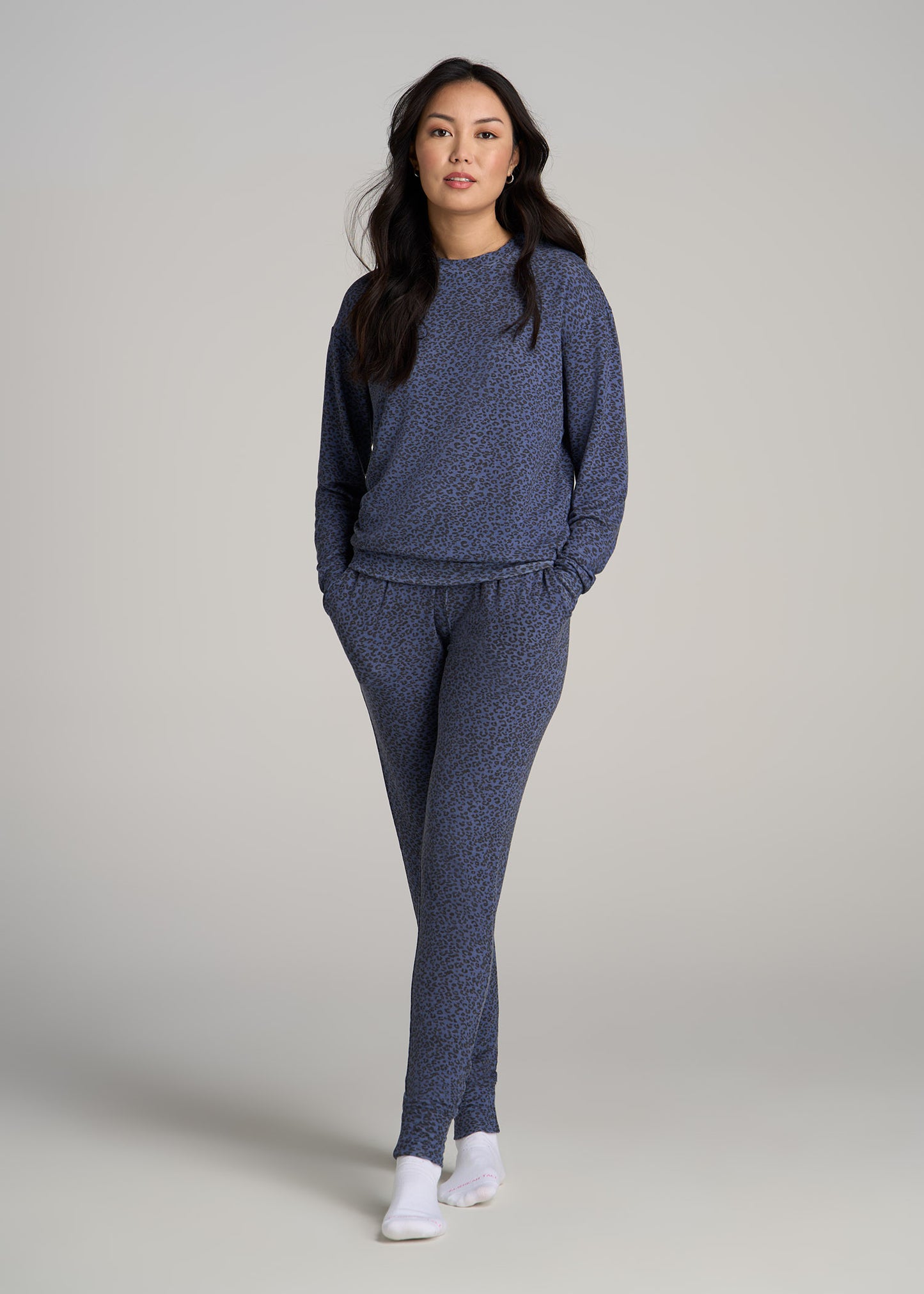 Cozy Lounge Crewneck in Navy Leopard - Tall Women's Shirts