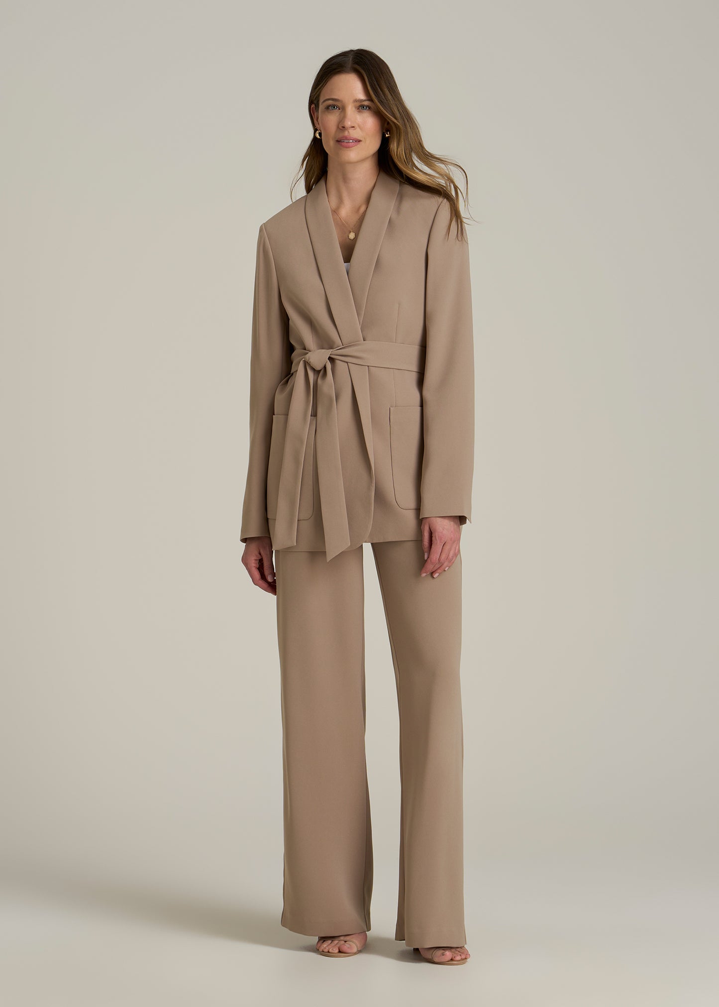 Crepe Wrap Blazer for Tall Women in Dark Sand