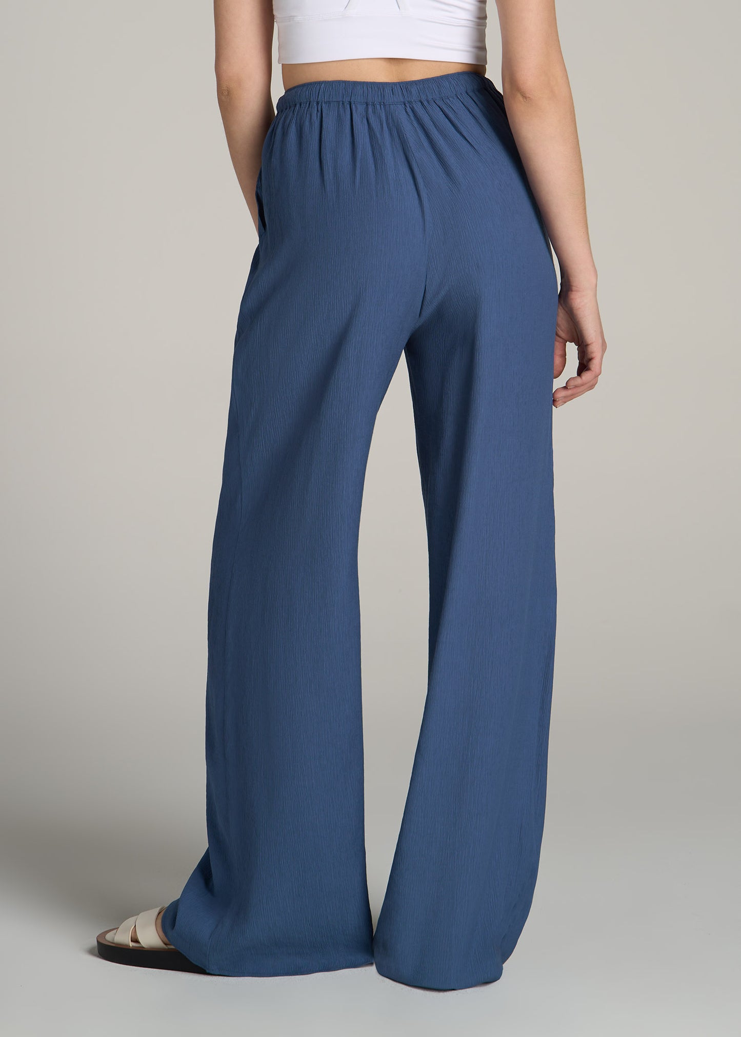 Crinkle Pull-on Wide-leg Pants for Tall Women in Steel Blue