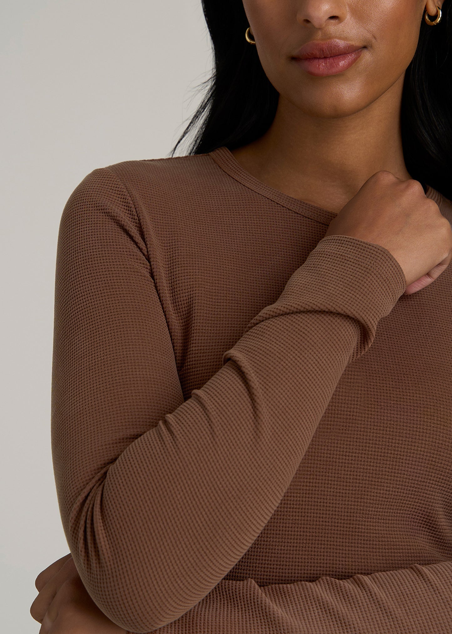 Cropped Long Sleeve Waffle Shirt for Tall Women in Otter Brown