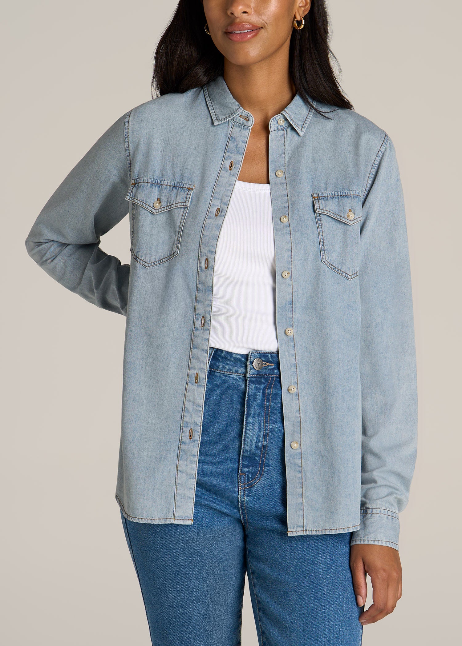 American-Tall-Women-Denim-Shirt-Light-Blue-front