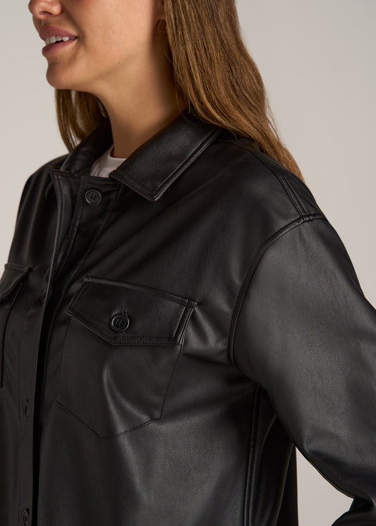 Faux Leather Shirt Jacket for Tall Women in Black