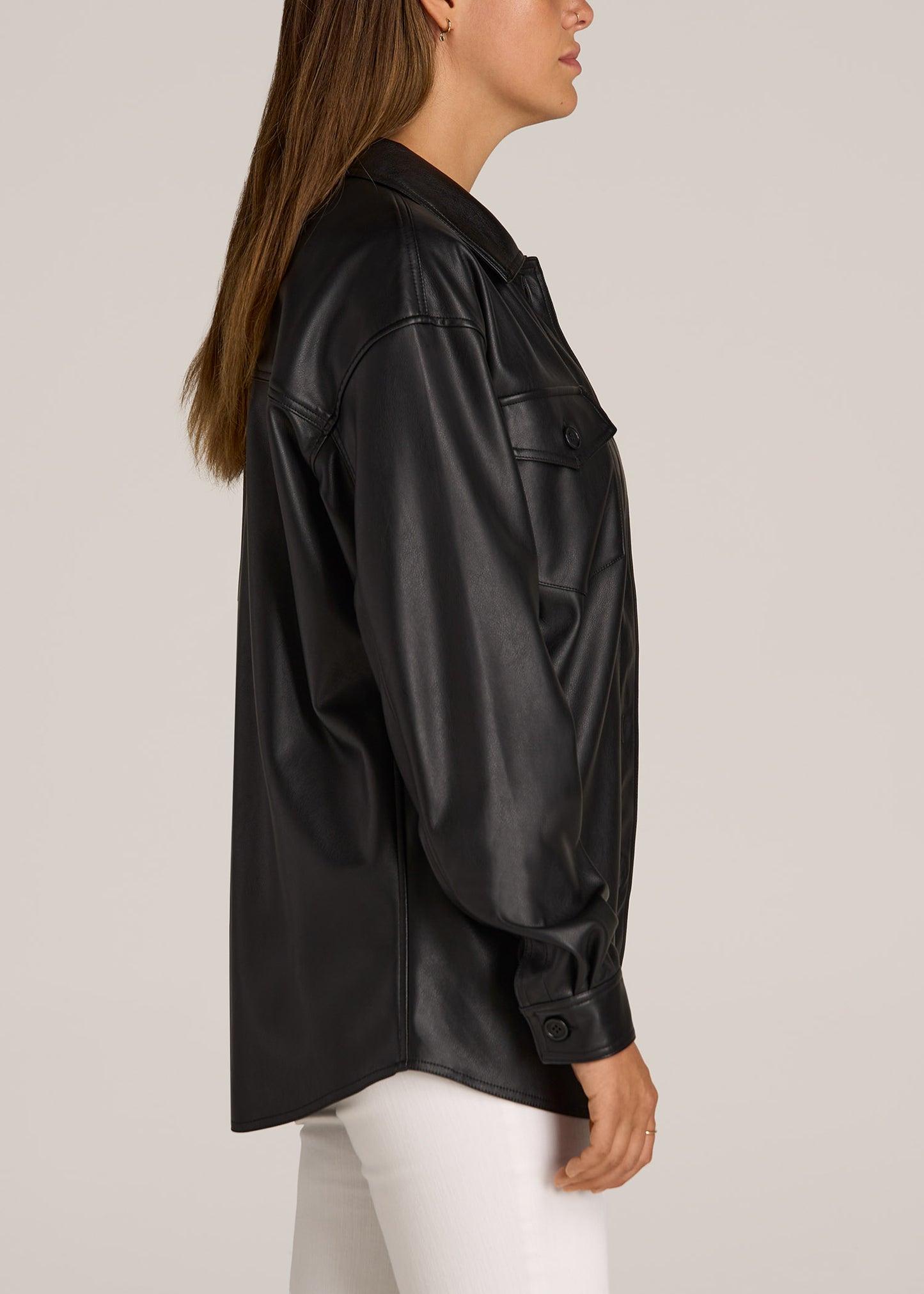 Faux Leather Shirt Jacket for Tall Women in Black