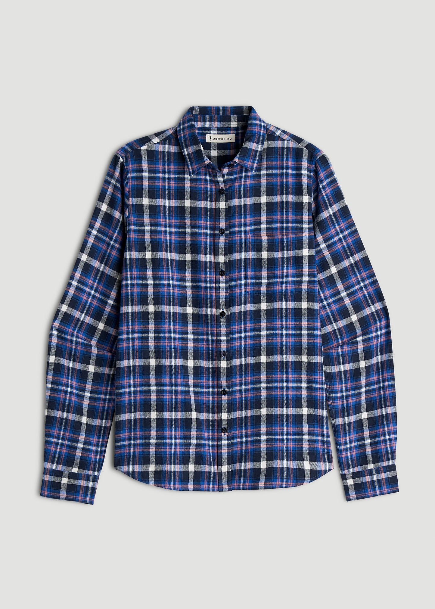 Flannel Button-Up Shirt for Tall Women in Cobalt, Navy, and Peach Plaid