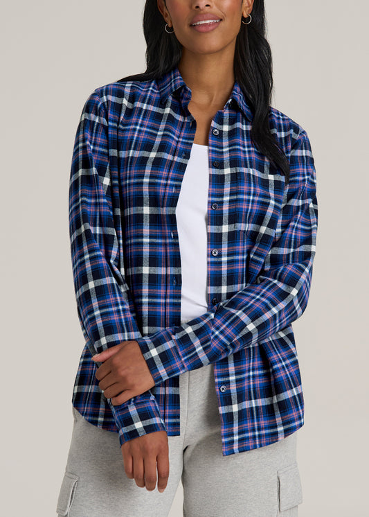 Flannel Button-Up Shirt for Tall Women in Cobalt, Navy, and Peach Plaid