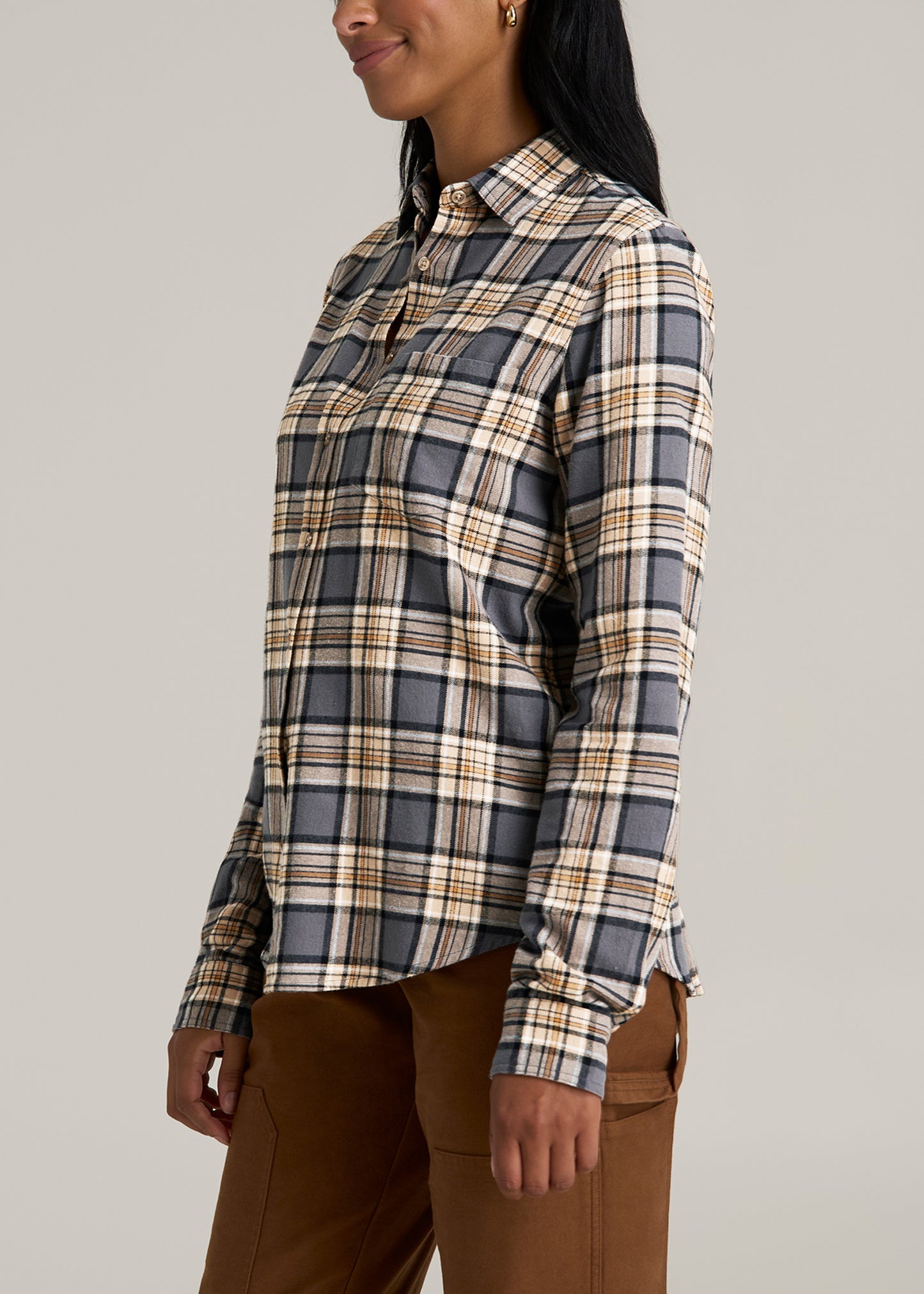 Flannel Button-Up Shirt for Tall Women in Grey and Camel Plaid