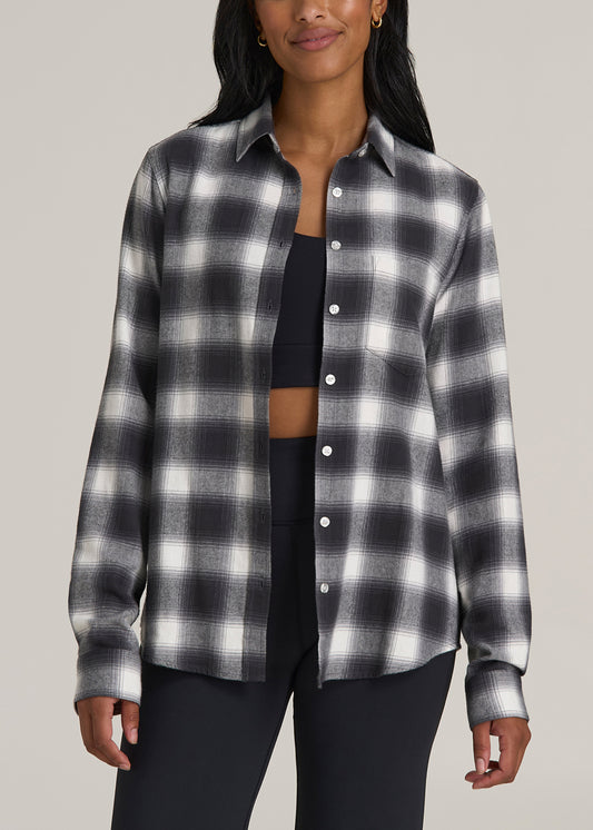 Flannel Button-Up Shirt for Tall Women in Grey and White Plaid