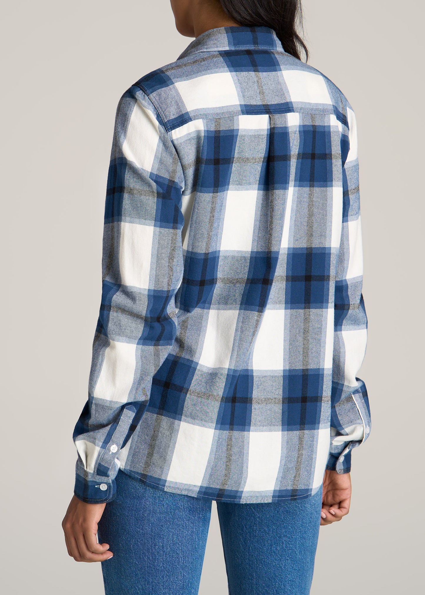 American-Tall-Women-Flannel-Button-up-Shirt-Oean-Blue-Navy-back