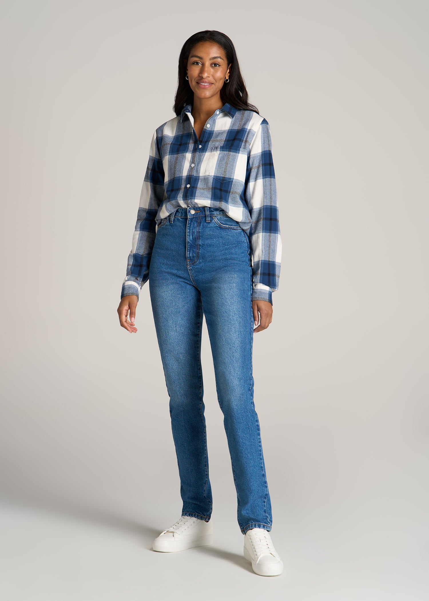 American-Tall-Women-Flannel-Button-up-Shirt-Oean-Blue-Navy-full