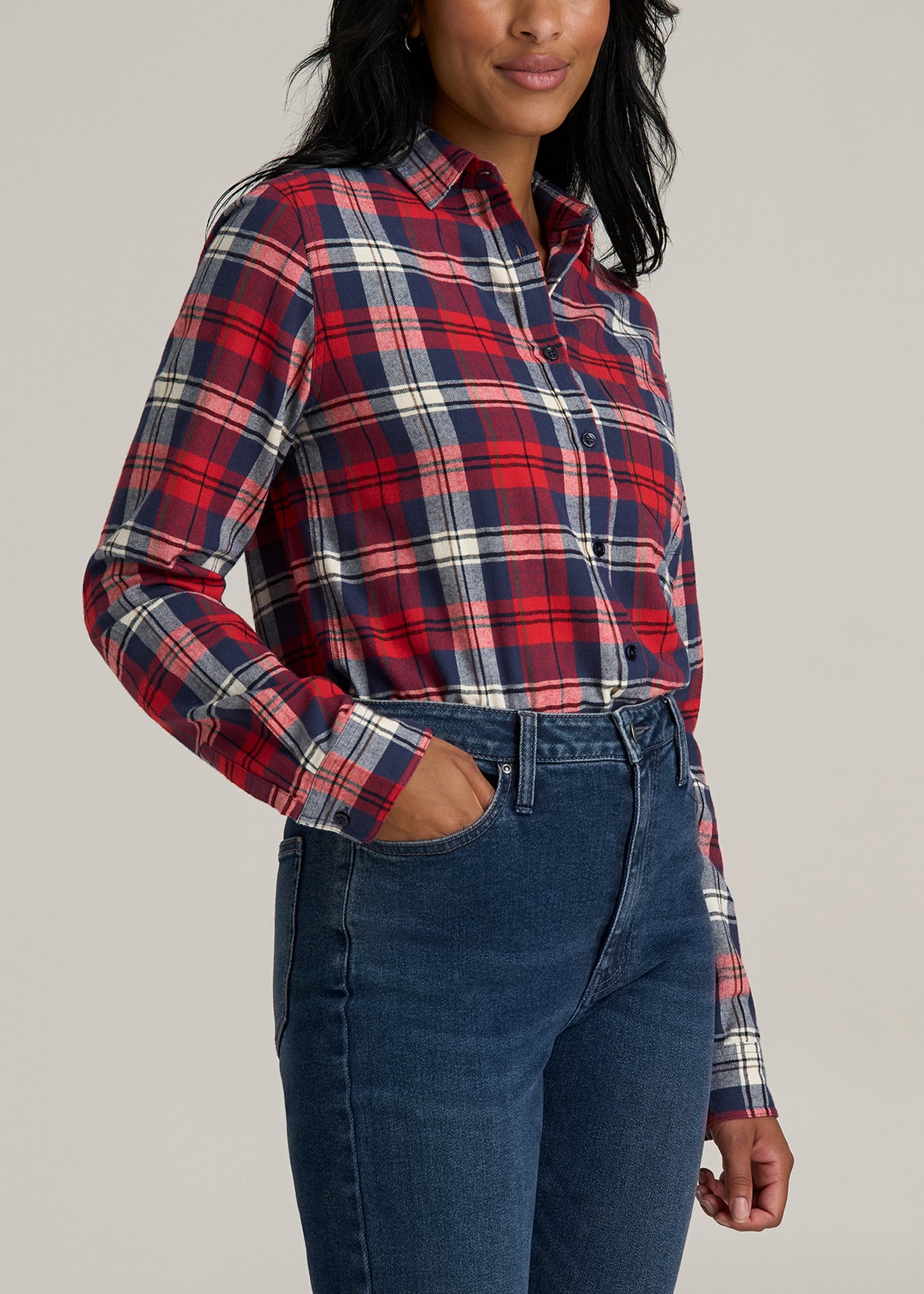 Flannel Button-Up Shirt for Tall Women in Rich Red Plaid