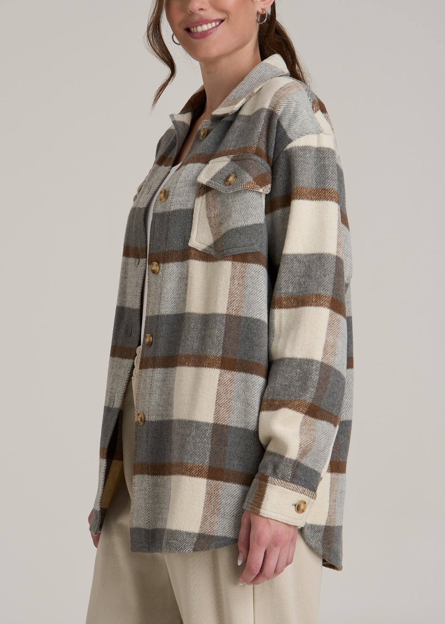 Flannel Women's Tall Shacket in Grey and Cream Plaid