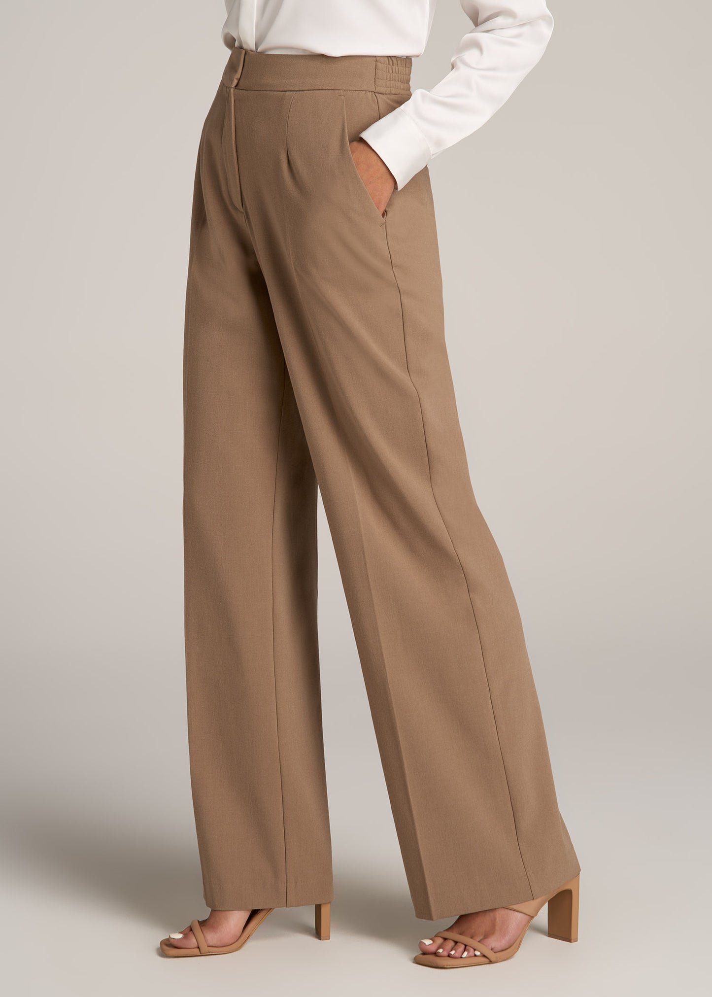 Flat Front Wide Leg Dress Pants for Tall Women in Fawn