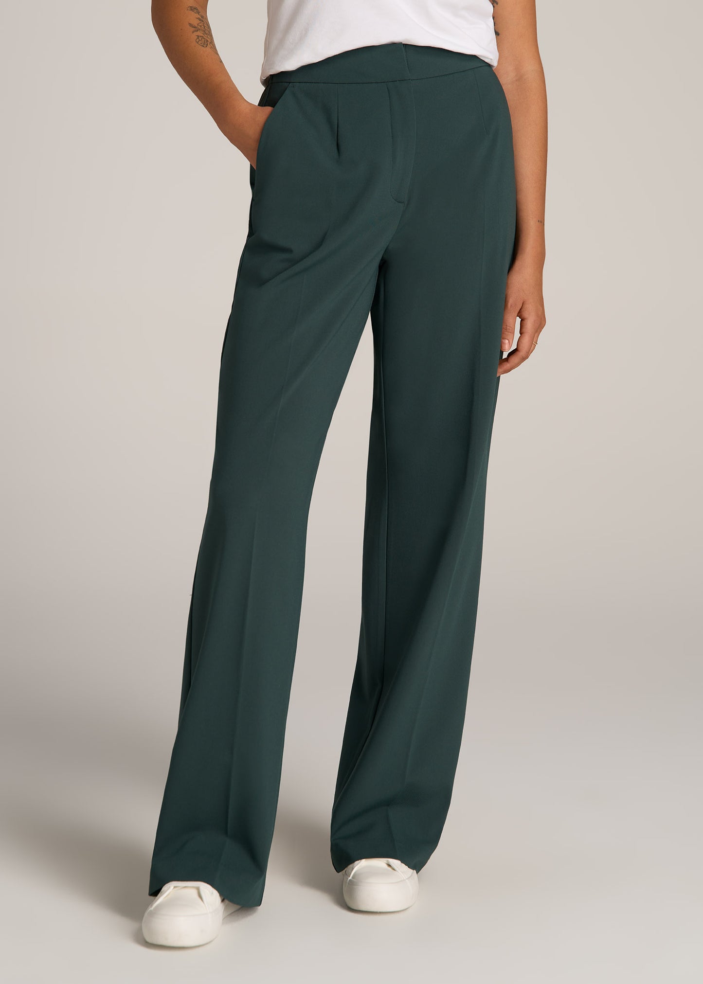 Flat Front Wide Leg Dress Pants for Tall Women in Smoky Pine