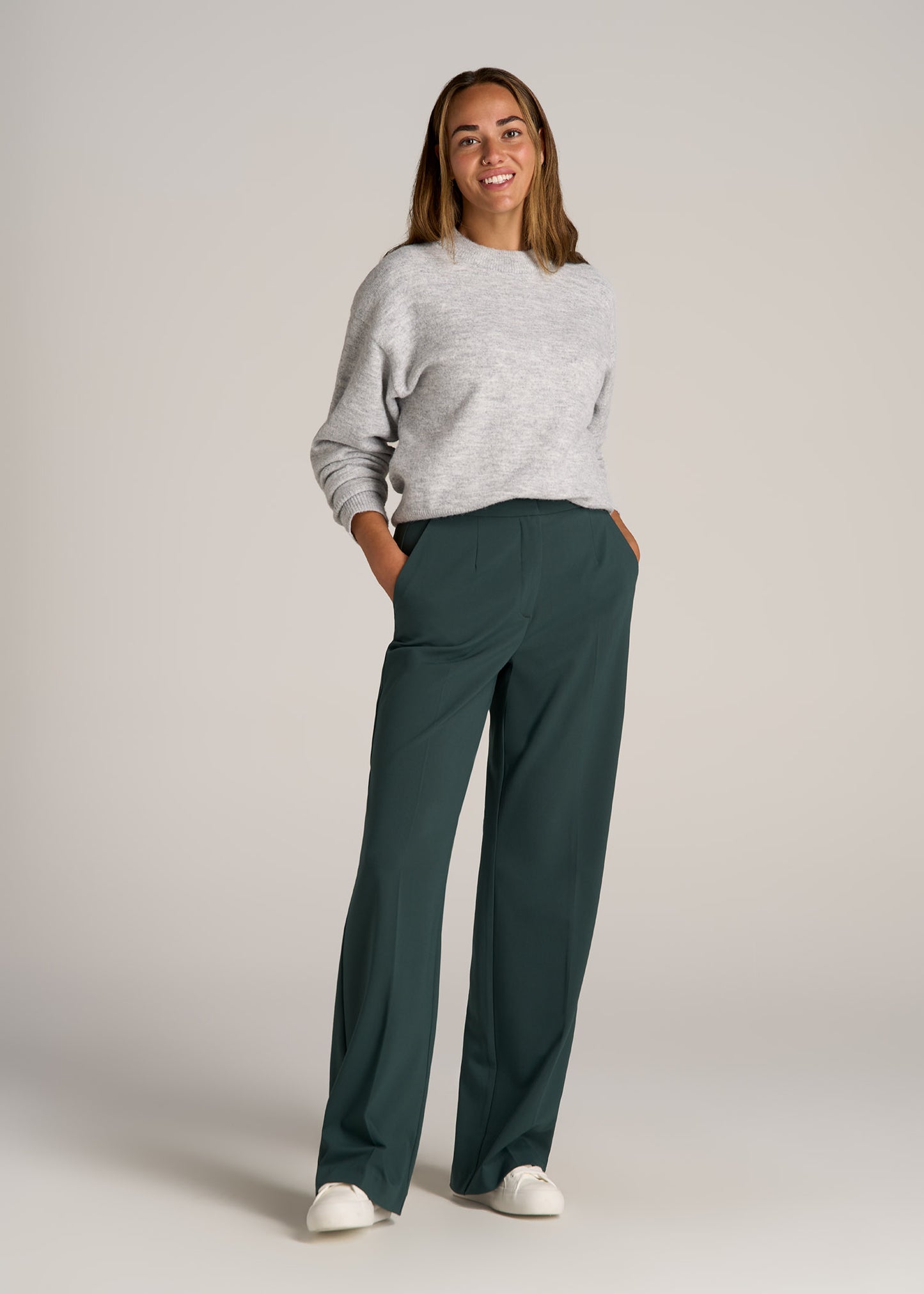 Flat Front Wide Leg Dress Pants for Tall Women in Smoky Pine