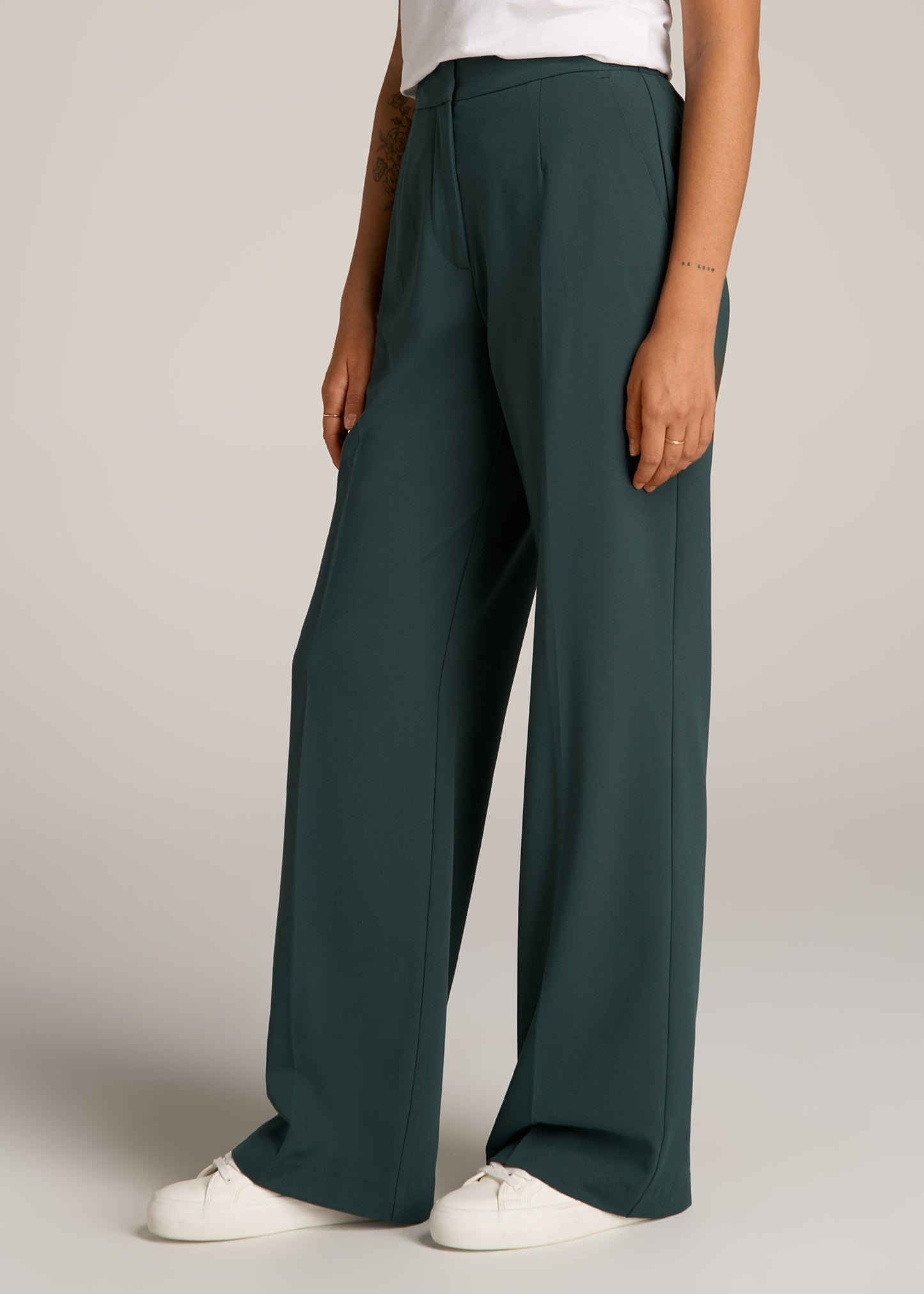 Flat Front Wide Leg Dress Pants for Tall Women in Smoky Pine