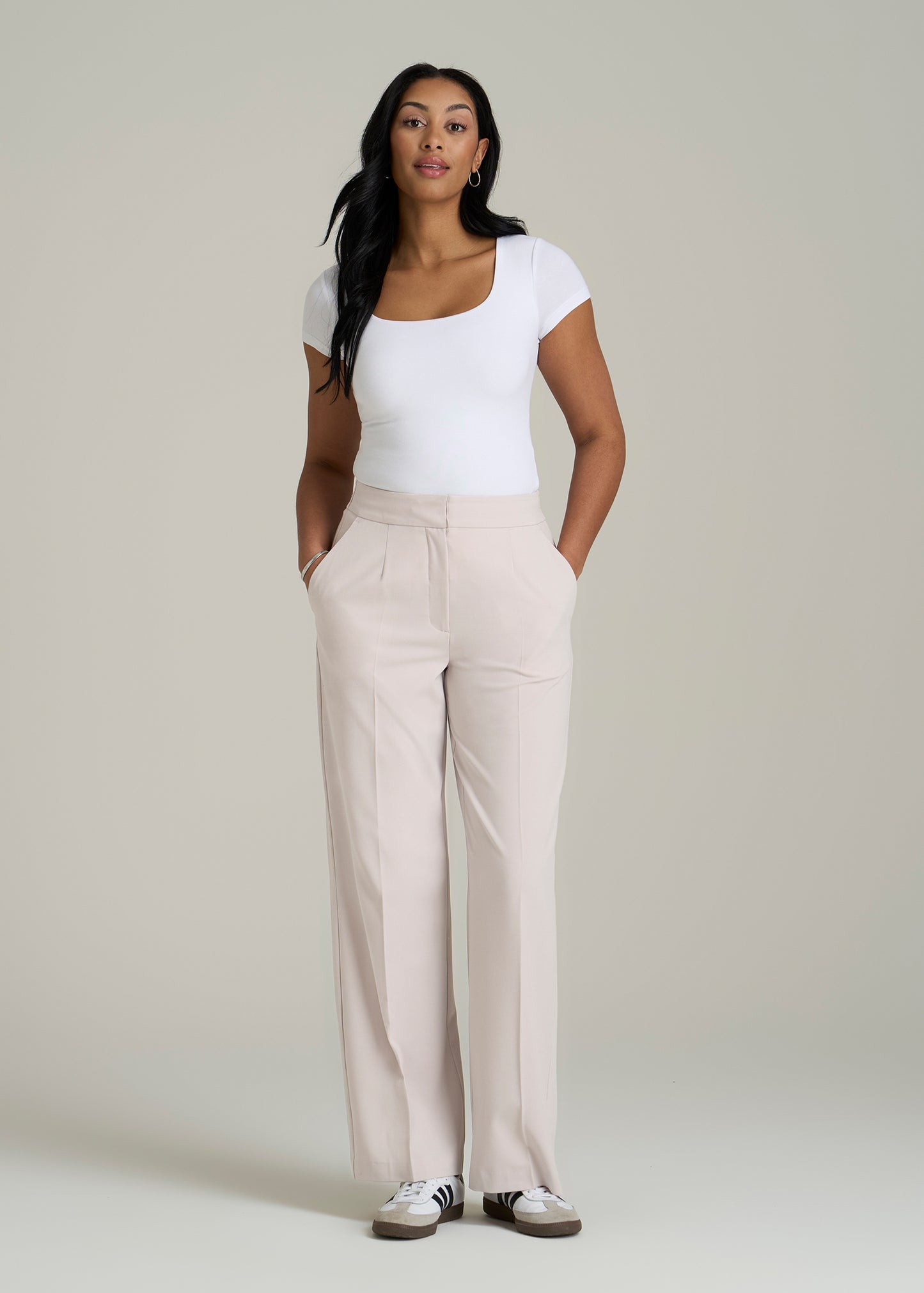 Flat Front Wide Leg Dress Pants for Tall Women in Drywall Tan