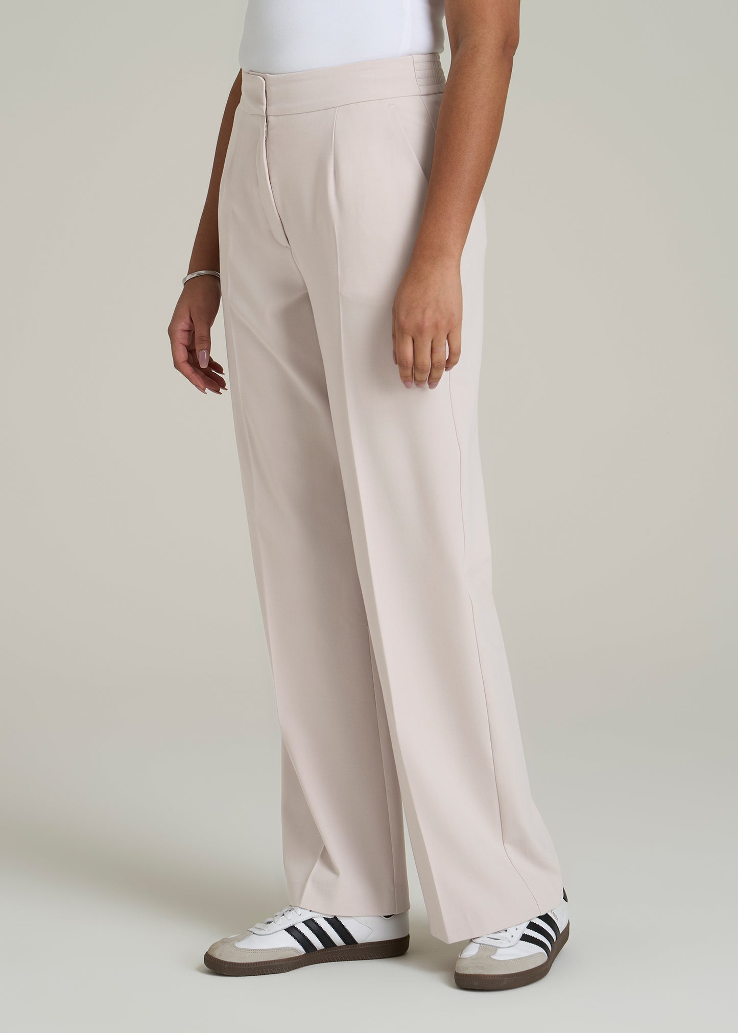 Flat Front Wide Leg Dress Pants for Tall Women in Drywall Tan