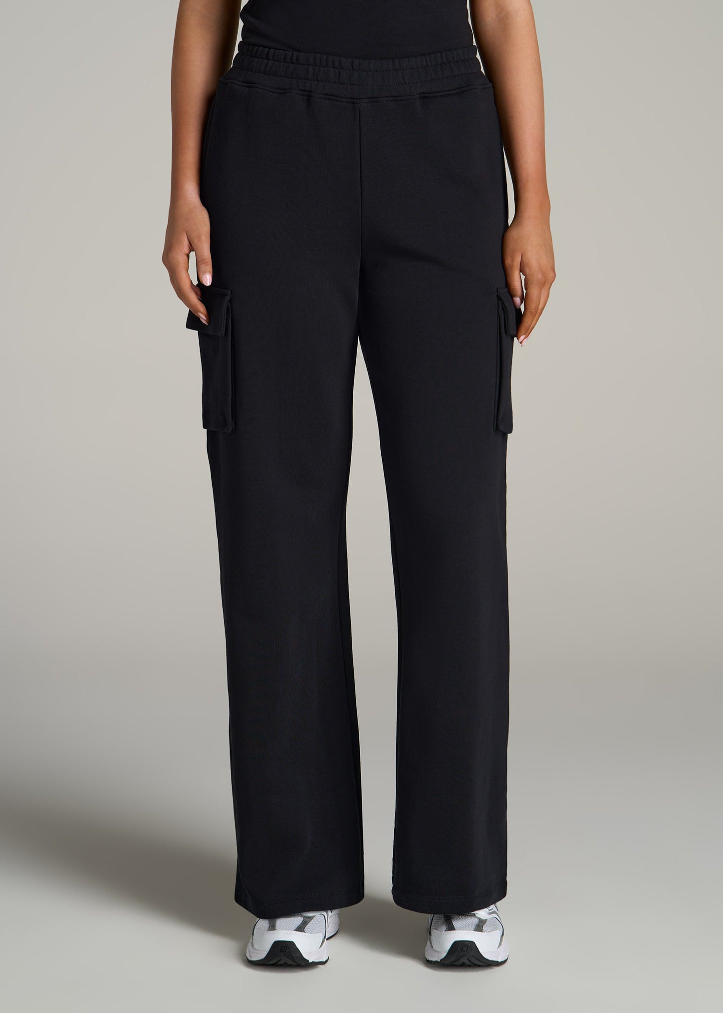 French Terry Wide Leg Cargo Sweatpants for Tall Women in Black