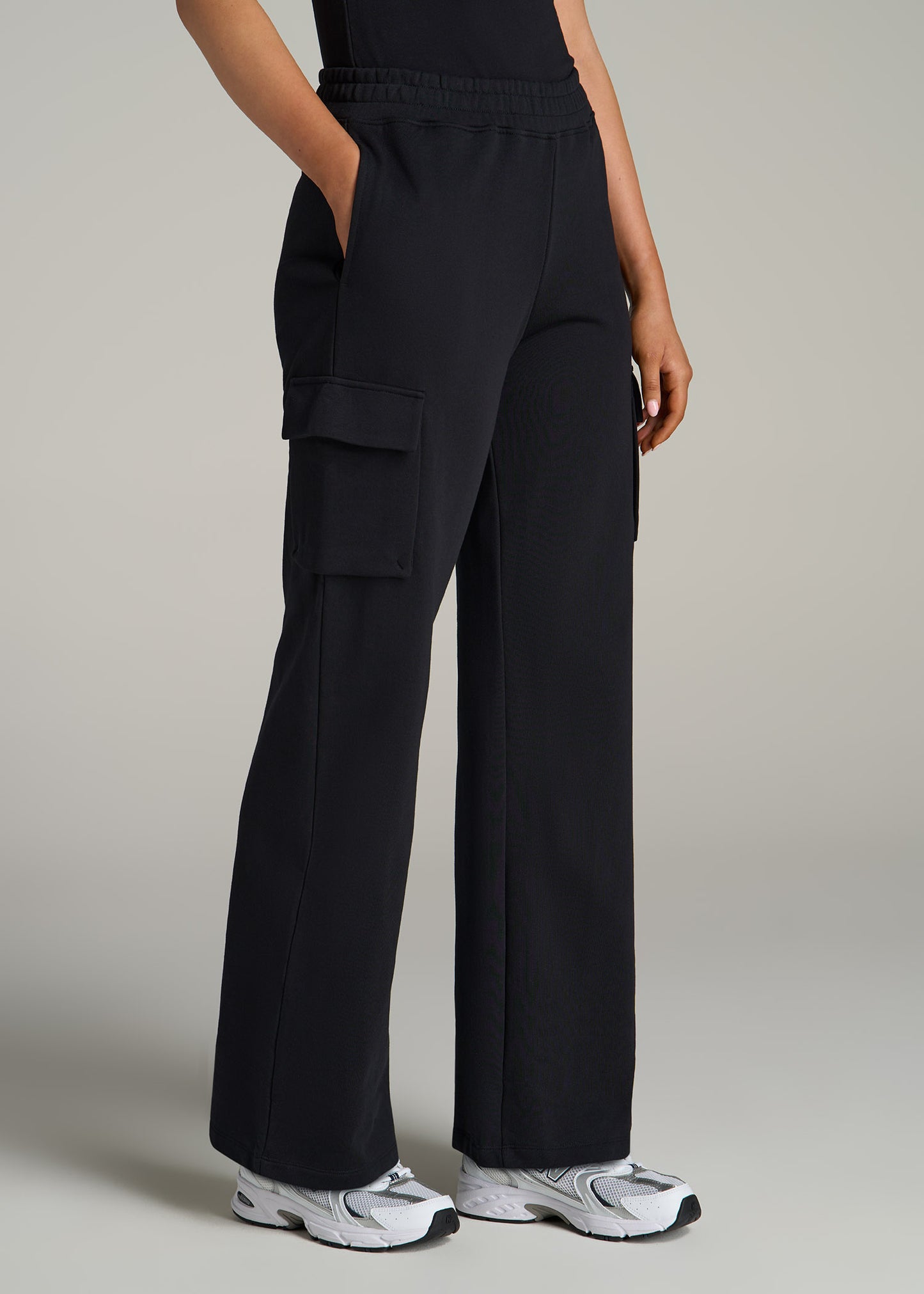 French Terry Wide Leg Cargo Sweatpants for Tall Women in Black