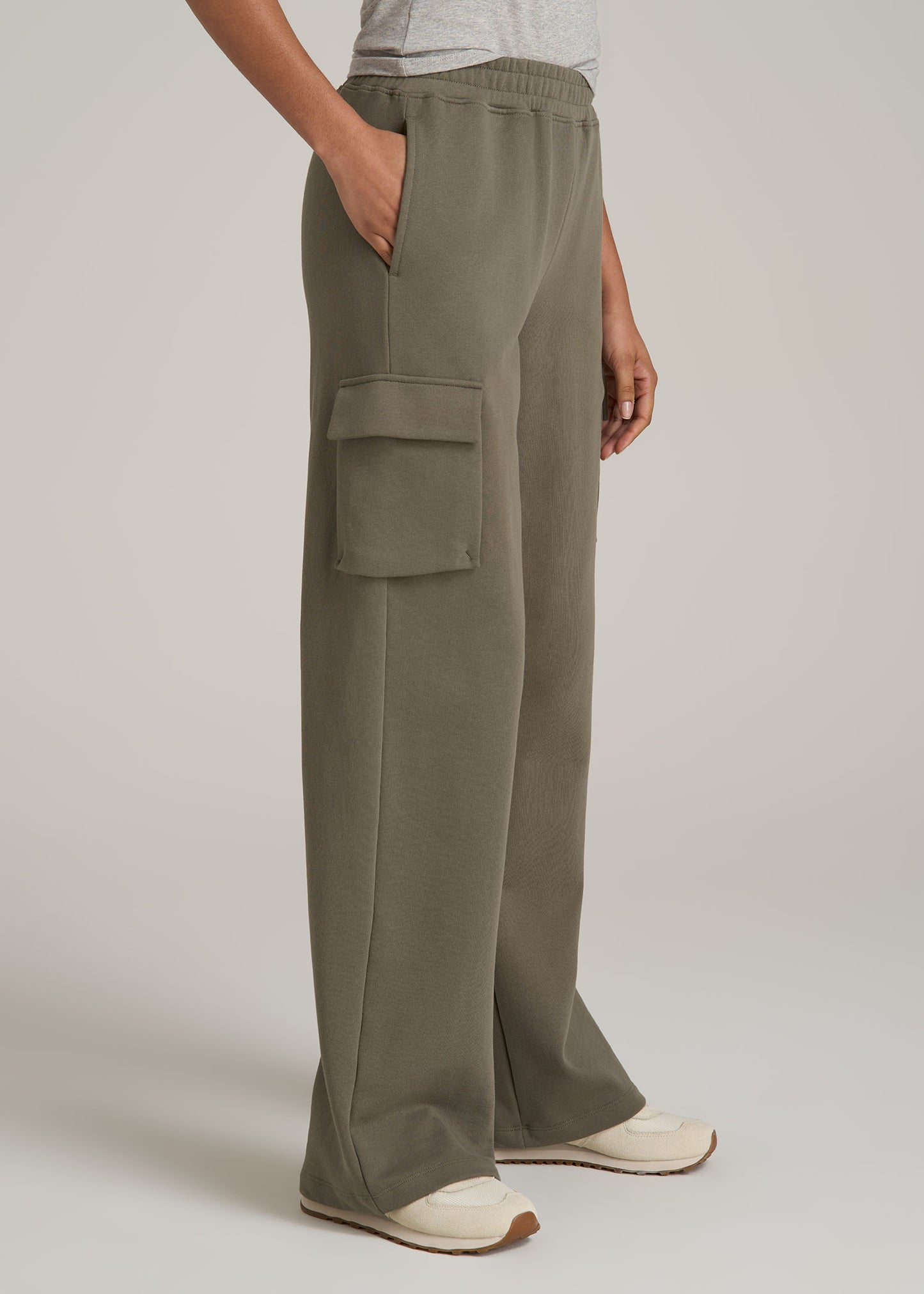 French Terry Wide Leg Cargo Sweatpants for Tall Women in Camper Green