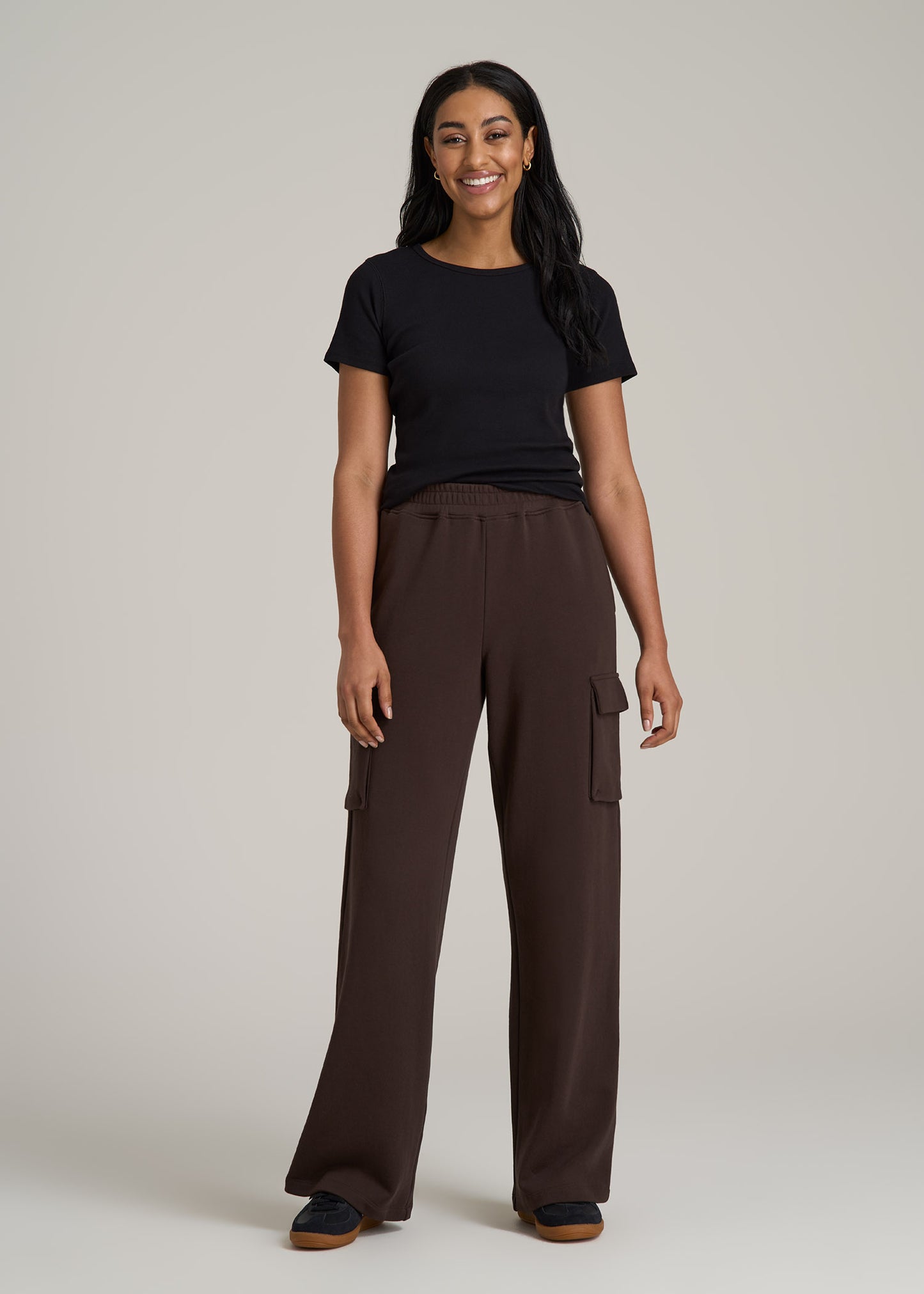 French Terry Wide Leg Cargo Sweatpants for Tall Women in Espresso