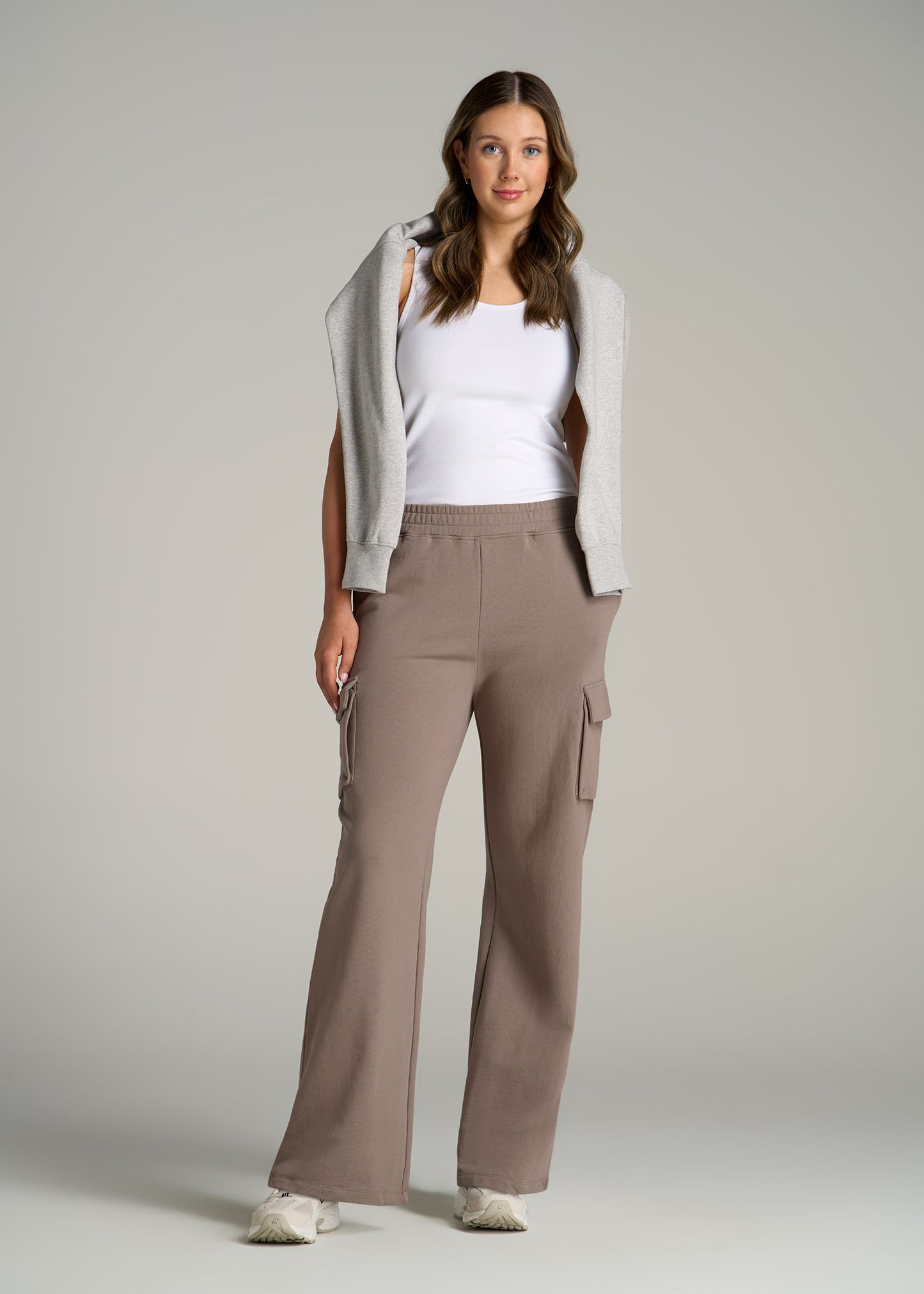 French Terry Wide Leg Cargo Sweatpants for Tall Women in Portobello