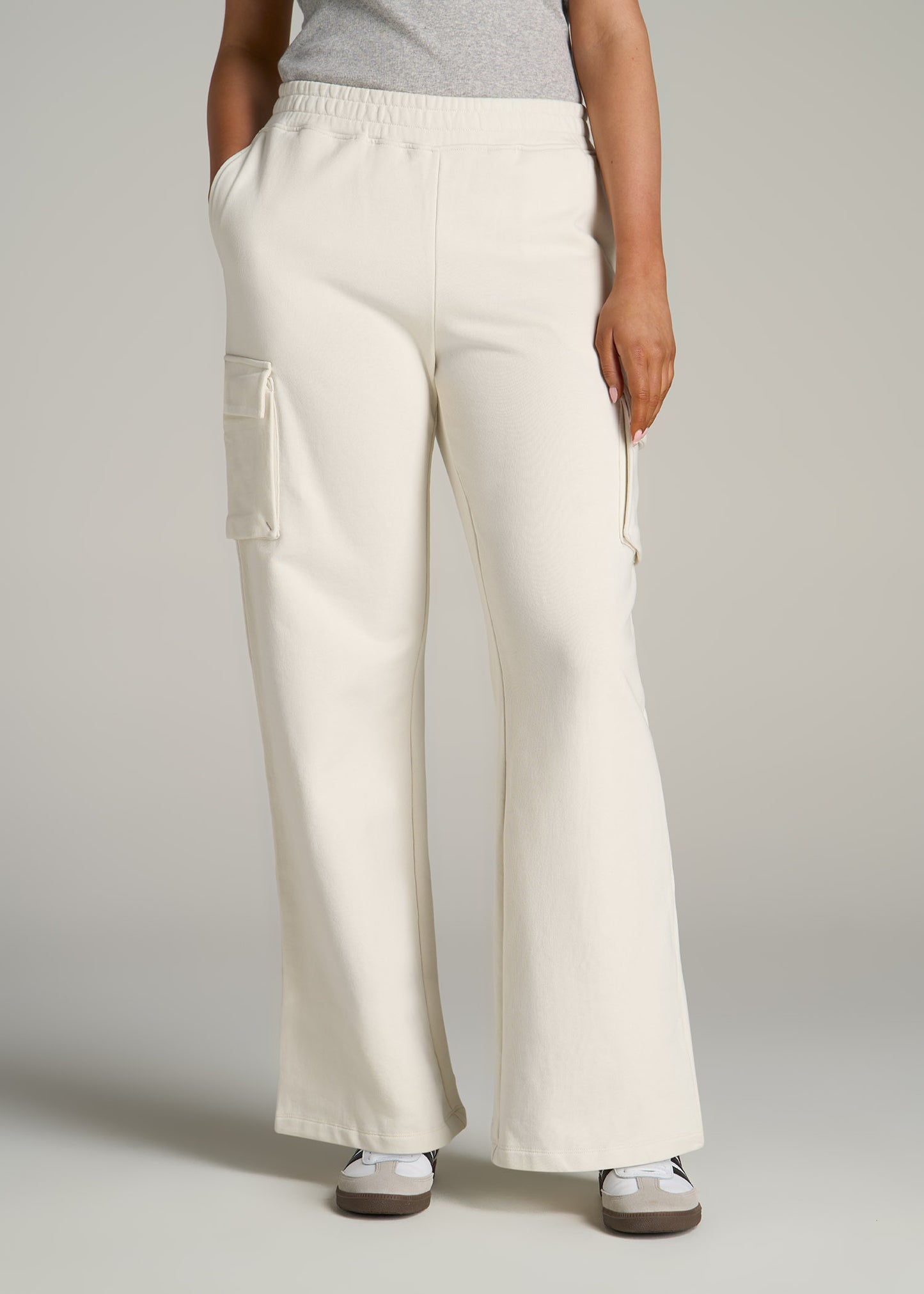 French Terry Wide Leg Cargo Sweatpants for Tall Women in White Alyssum