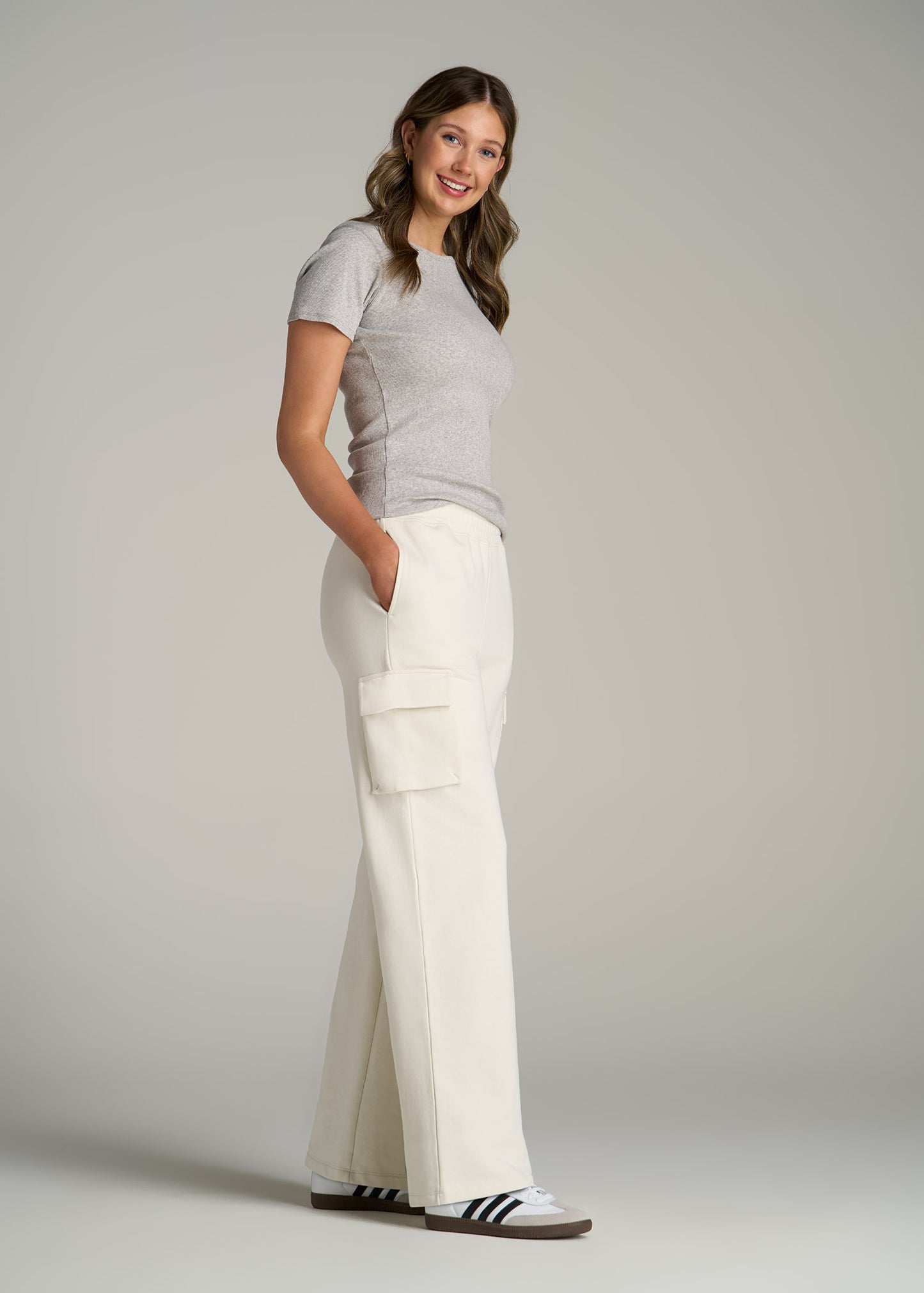 French Terry Wide Leg Cargo Sweatpants for Tall Women in White Alyssum