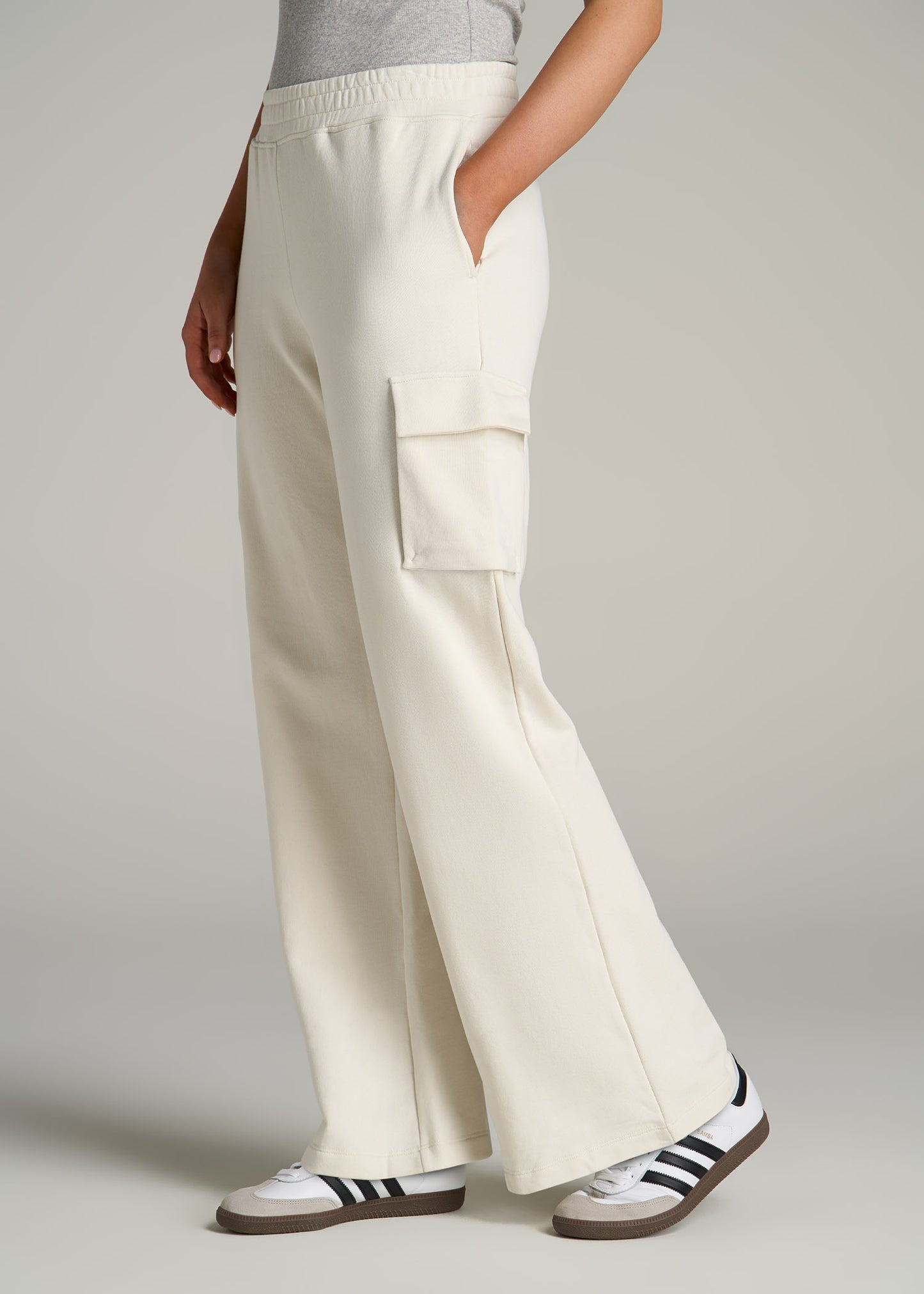 French Terry Wide Leg Cargo Sweatpants for Tall Women in White Alyssum