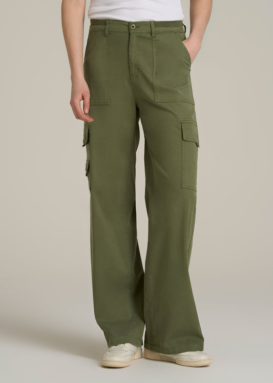 Garment Dyed Wide Leg Cargo Pants for Tall Women in Bright Olive