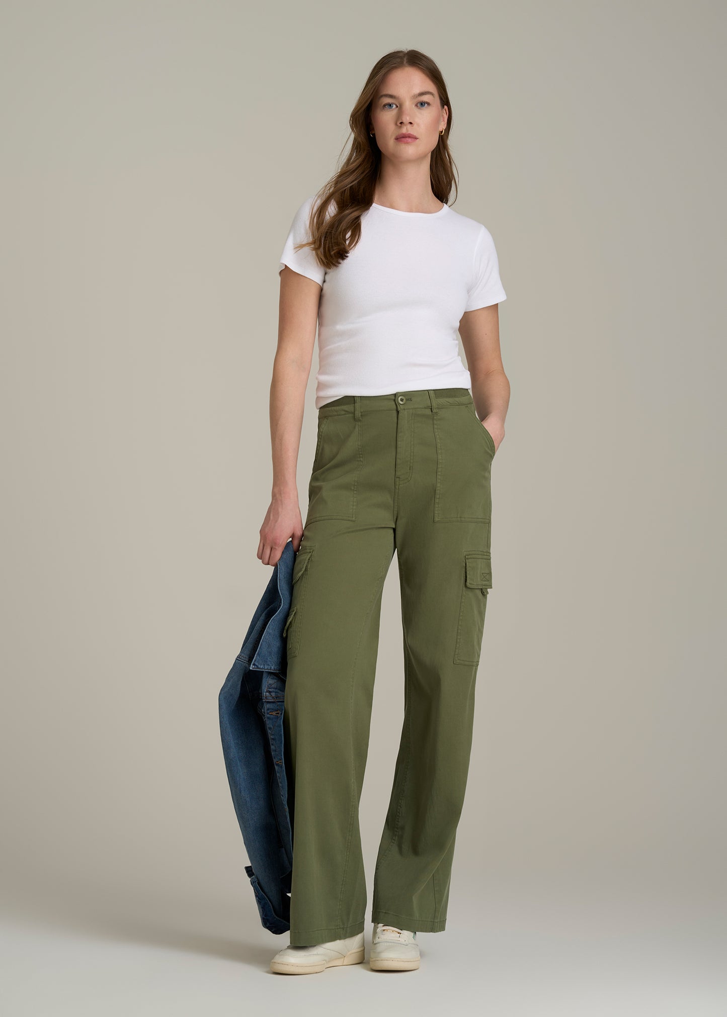 Garment Dyed Wide Leg Cargo Pants for Tall Women in Bright Olive