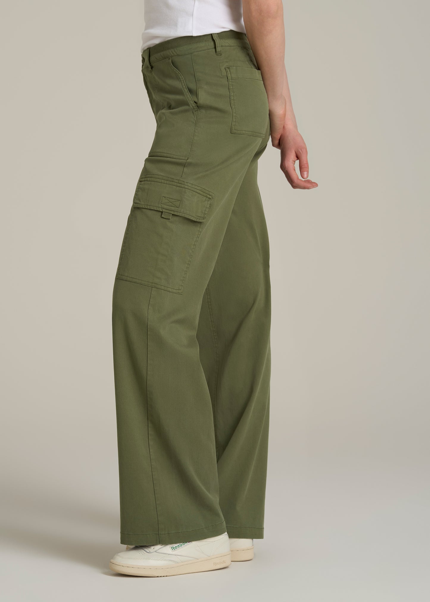 Garment Dyed Wide Leg Cargo Pants for Tall Women in Bright Olive