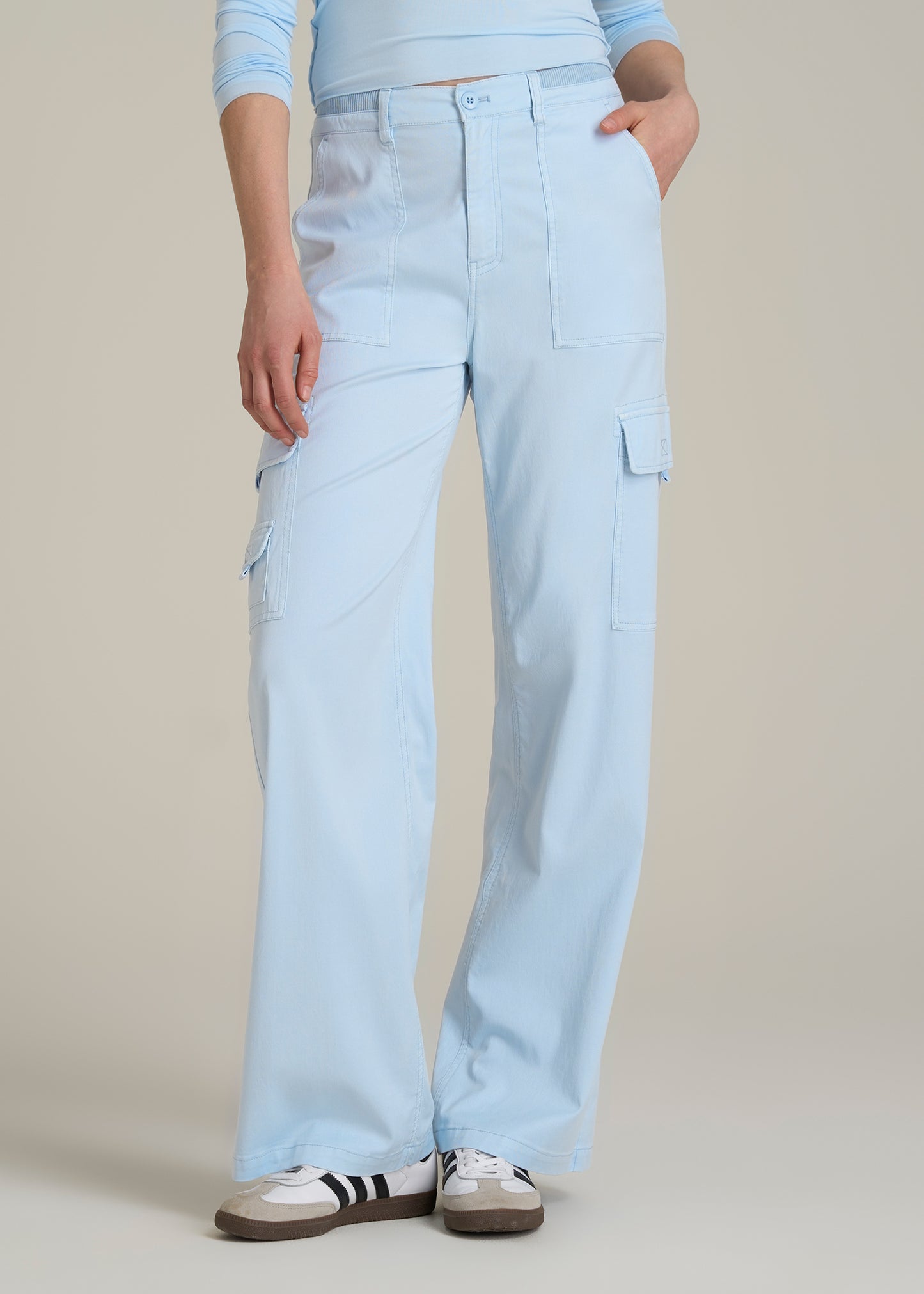 Garment Dyed Wide Leg Cargo Pants for Tall Women in Ice Blue