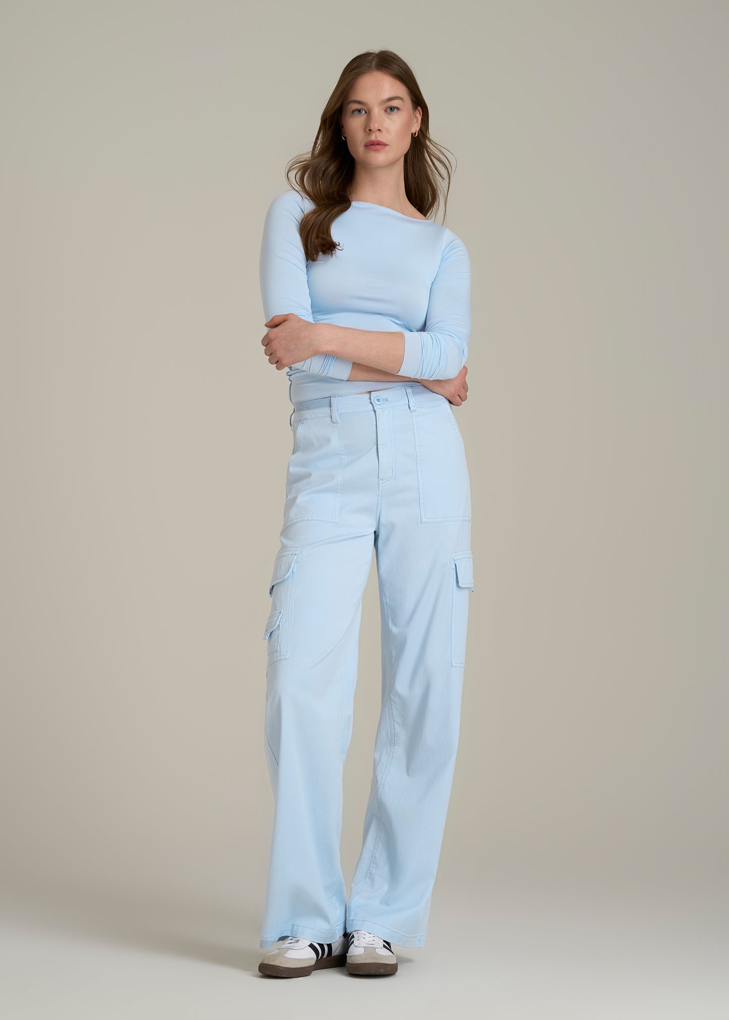 Garment Dyed Wide Leg Cargo Pants for Tall Women in Ice Blue