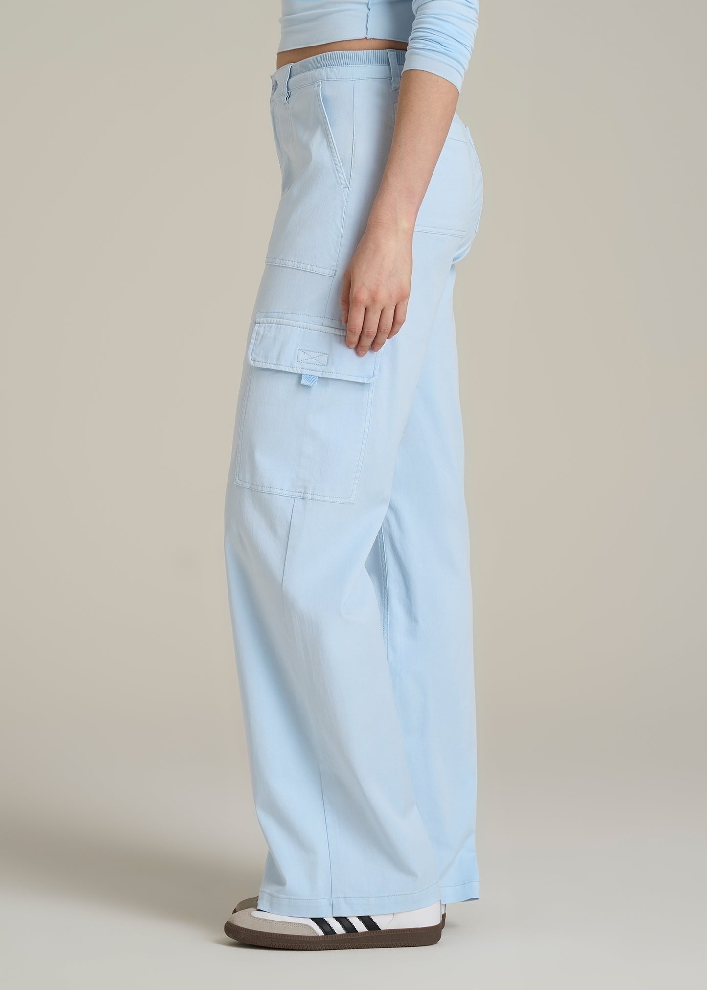 Garment Dyed Wide Leg Cargo Pants for Tall Women in Ice Blue