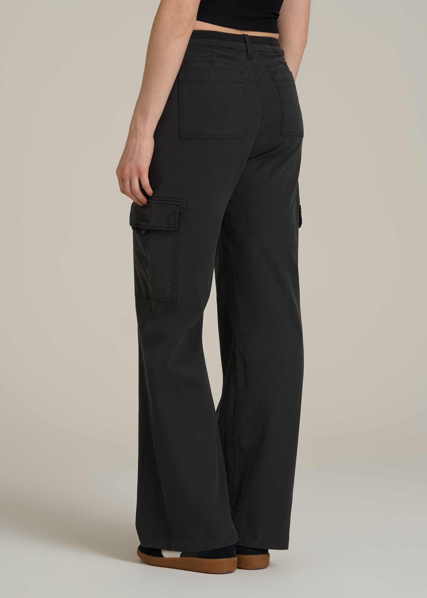 Garment Dyed Wide Leg Cargo Pants for Tall Women in Washed Vintage Black